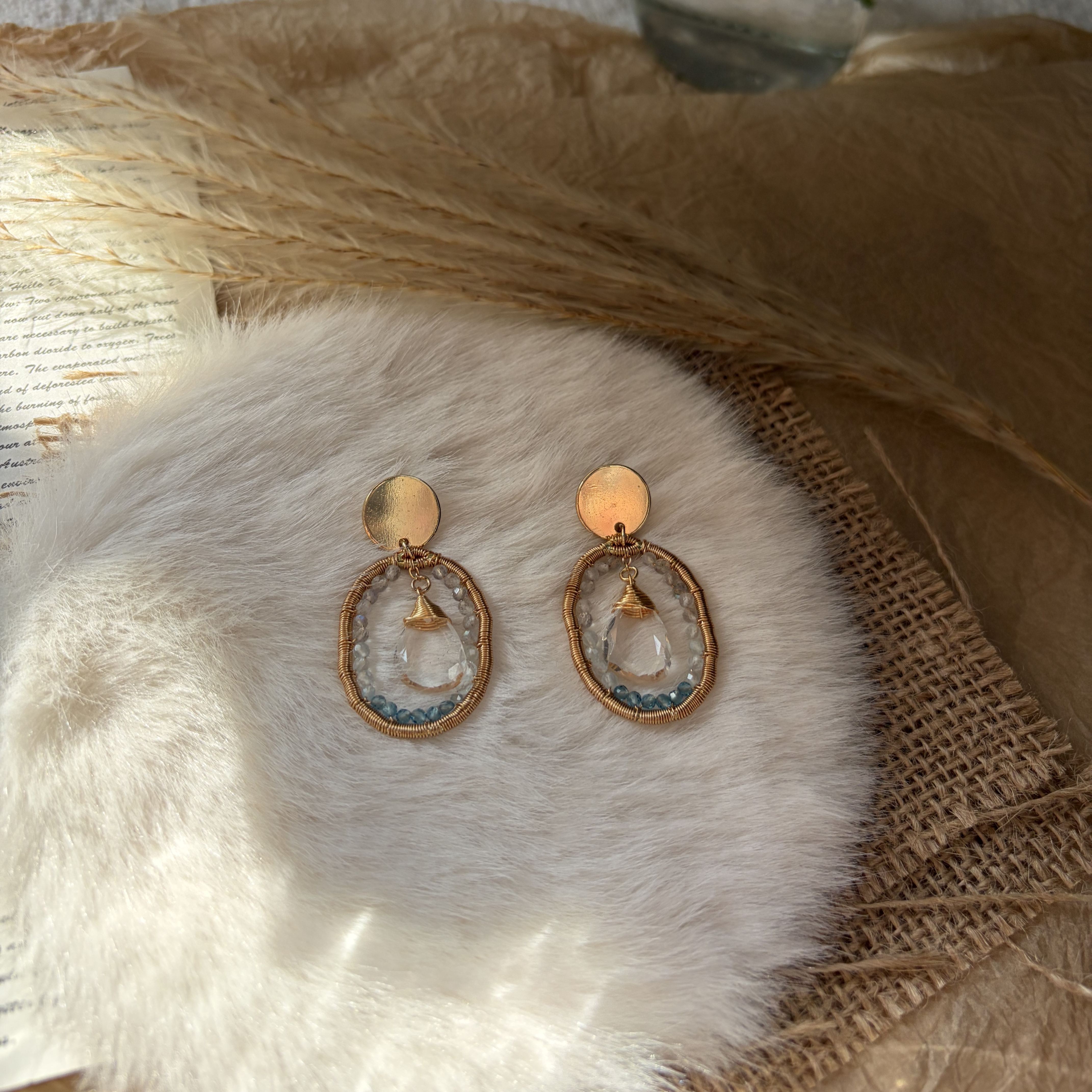 Handmade Glacier Moon Drop Earrings – Labradorite, Aquamarine & Clear Quartz Statement Earrings 