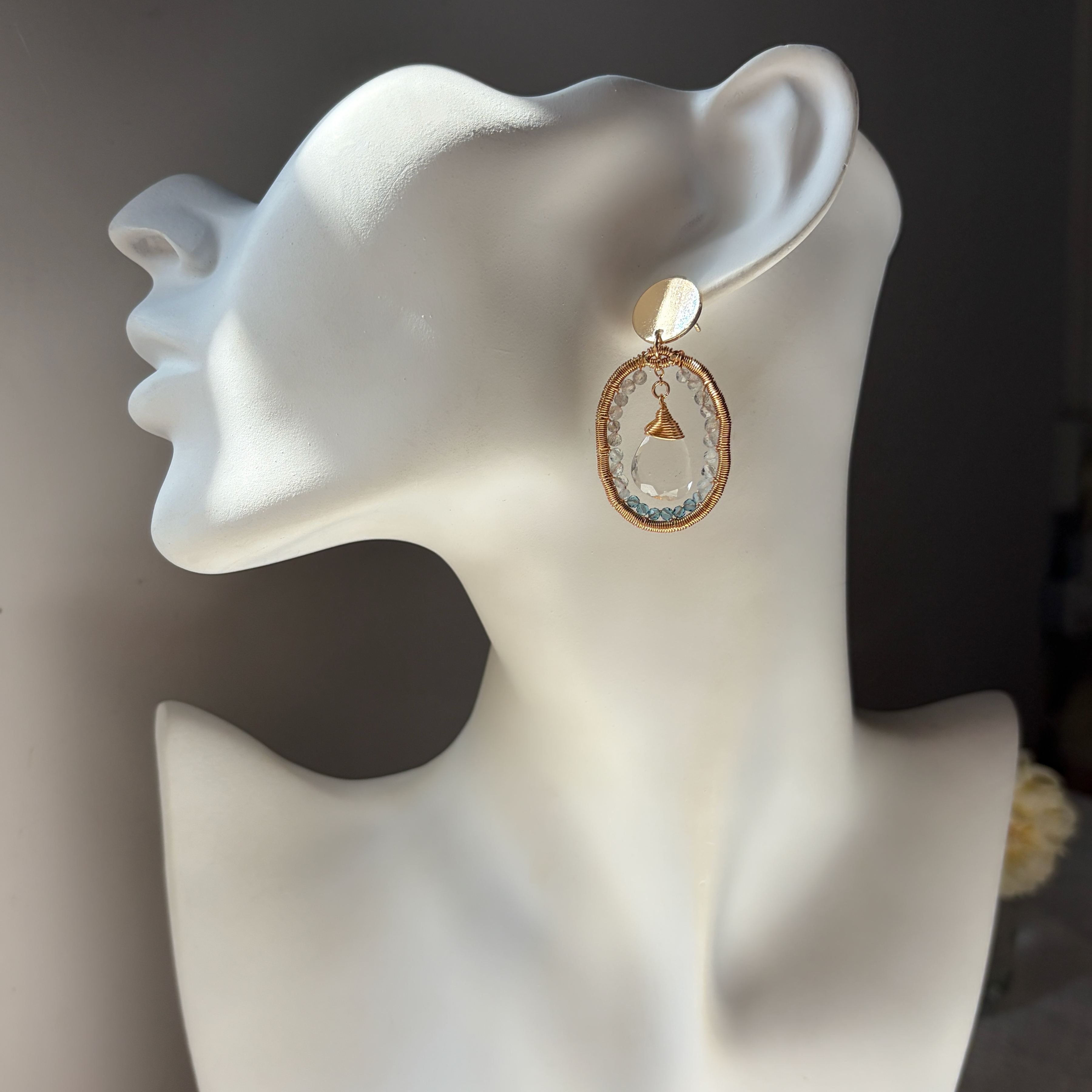 Handmade Glacier Moon Drop Earrings – Labradorite, Aquamarine & Clear Quartz Statement Earrings 