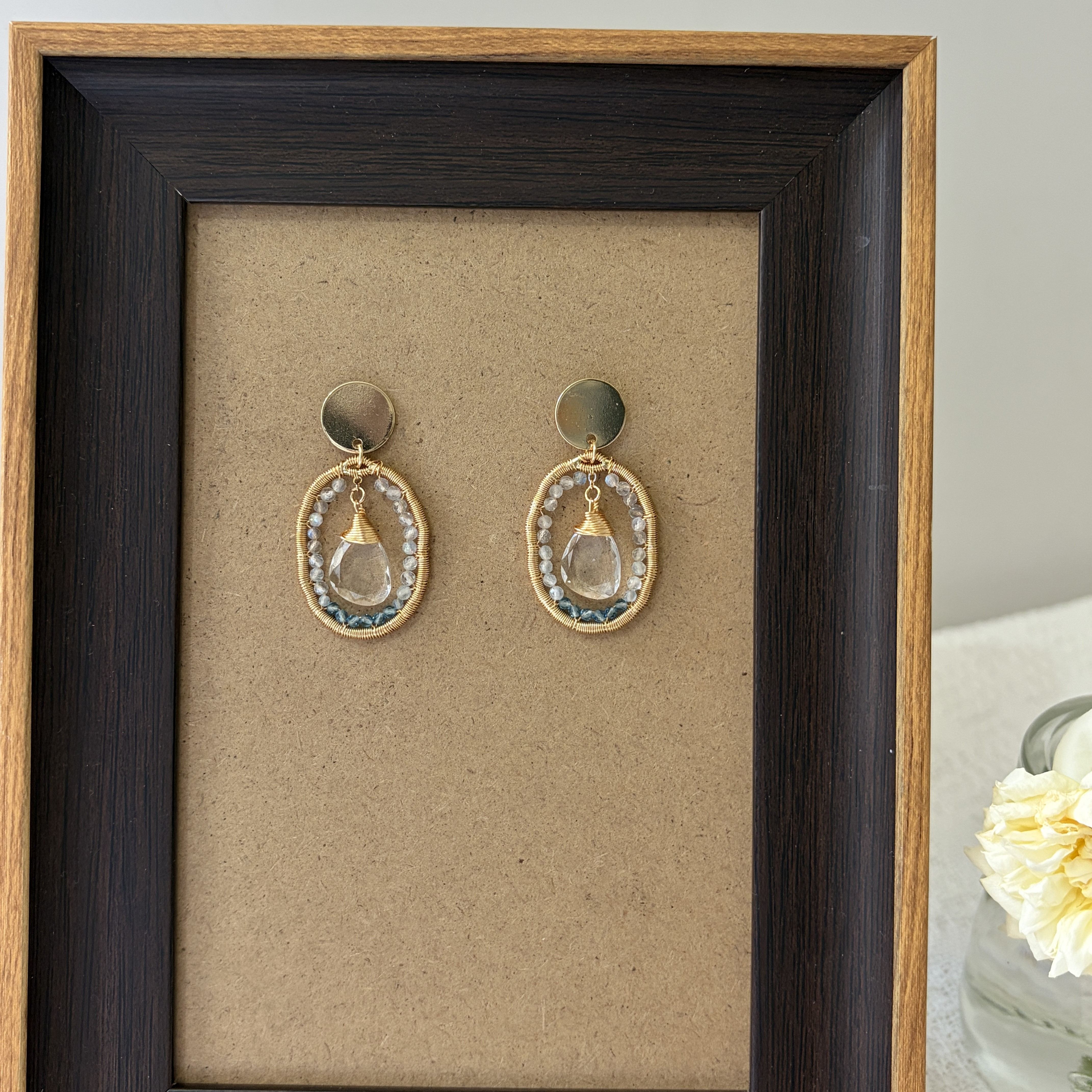 Handmade Glacier Moon Drop Earrings – Labradorite, Aquamarine & Clear Quartz Statement Earrings 