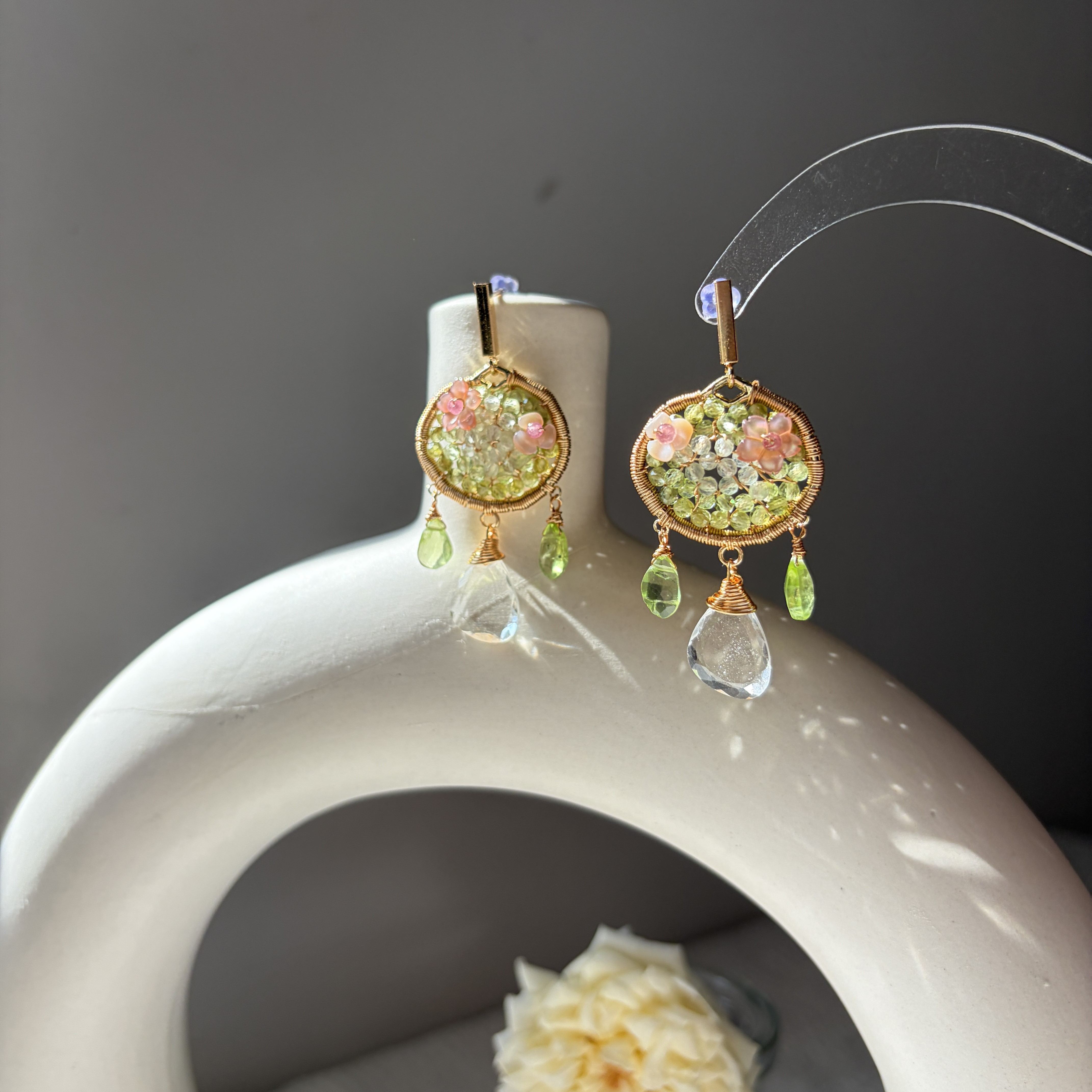 Handmade Summer Wind and Falling Dew Drops Earrings Peridot, Prehnite and Clear Quartz Fairycore Earrings