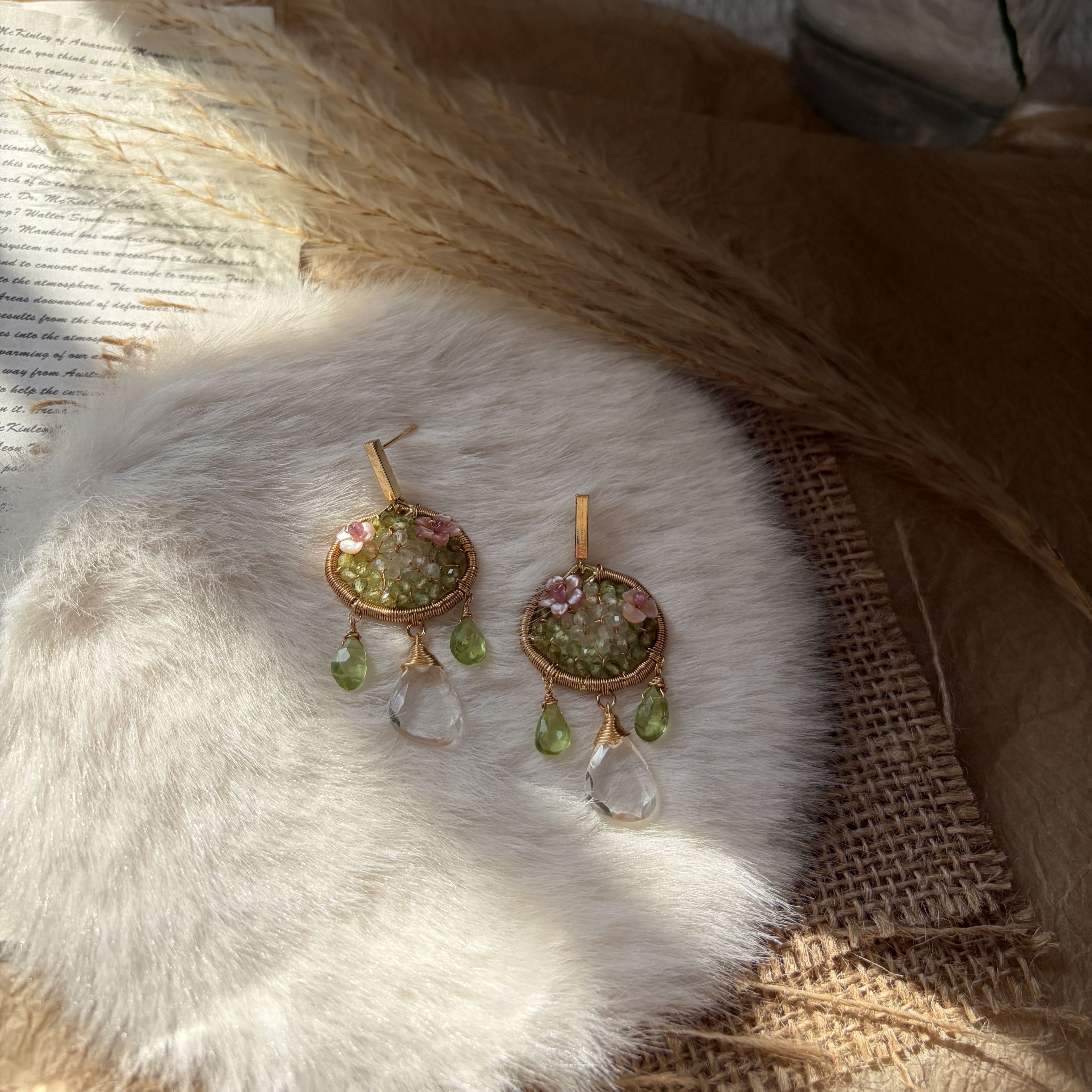 Handmade Summer Wind and Falling Dew Drops Earrings Peridot, Prehnite and Clear Quartz Fairycore Earrings