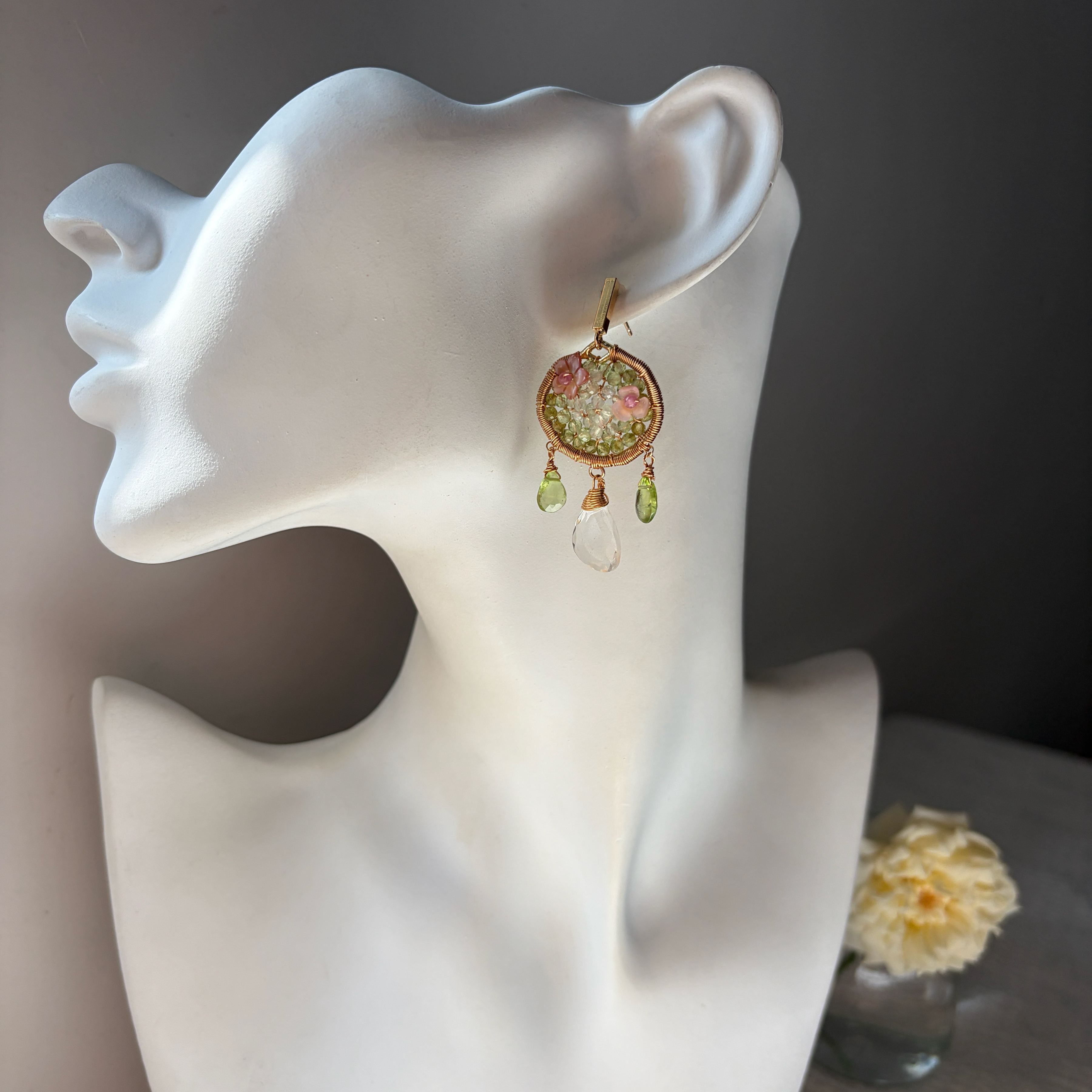 Handmade Summer Wind and Falling Dew Drops Earrings Peridot, Prehnite and Clear Quartz Fairycore Earrings