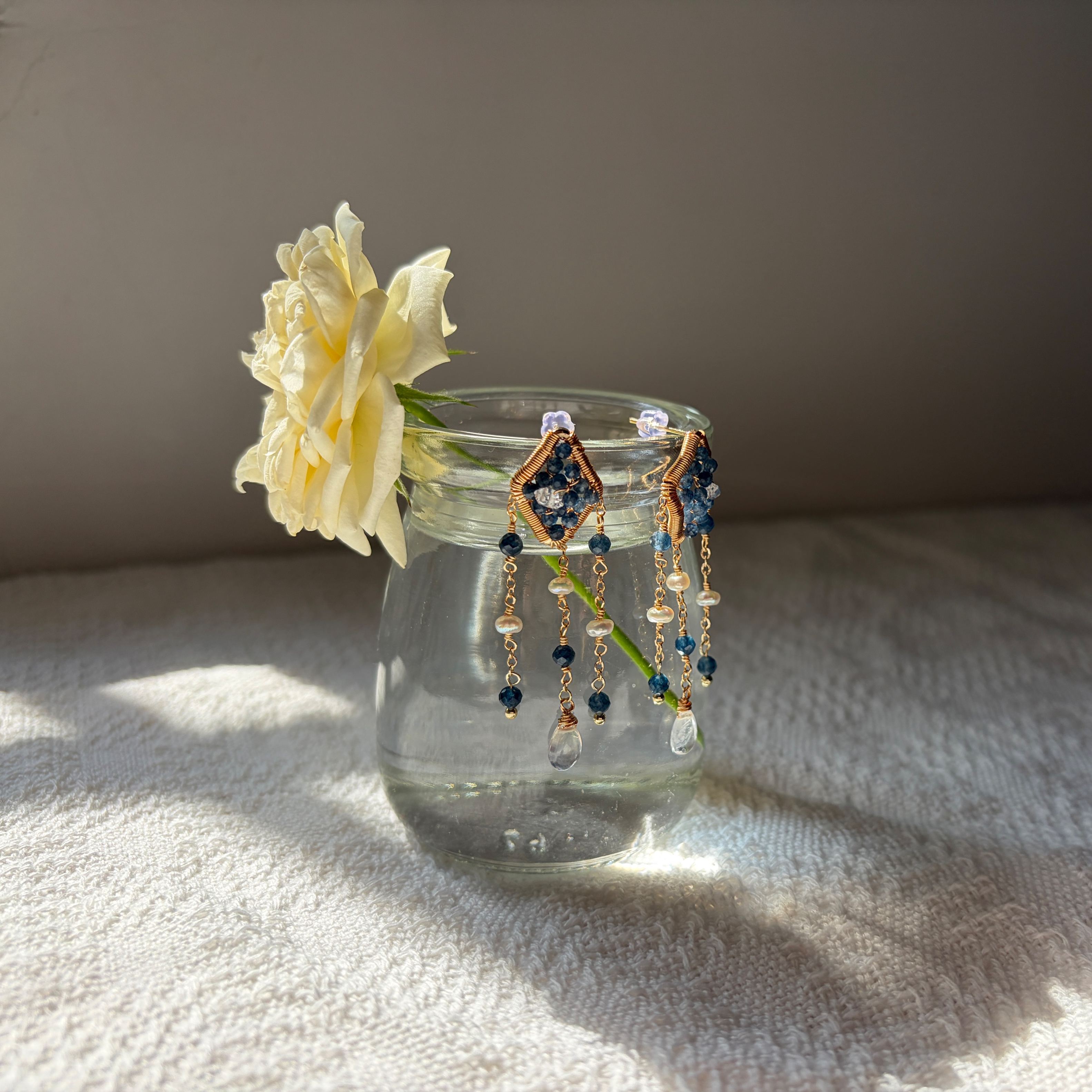 Midnight Tide Sapphire Herkimer diamond and Pearl Earrings Handmade Dangle Earrings