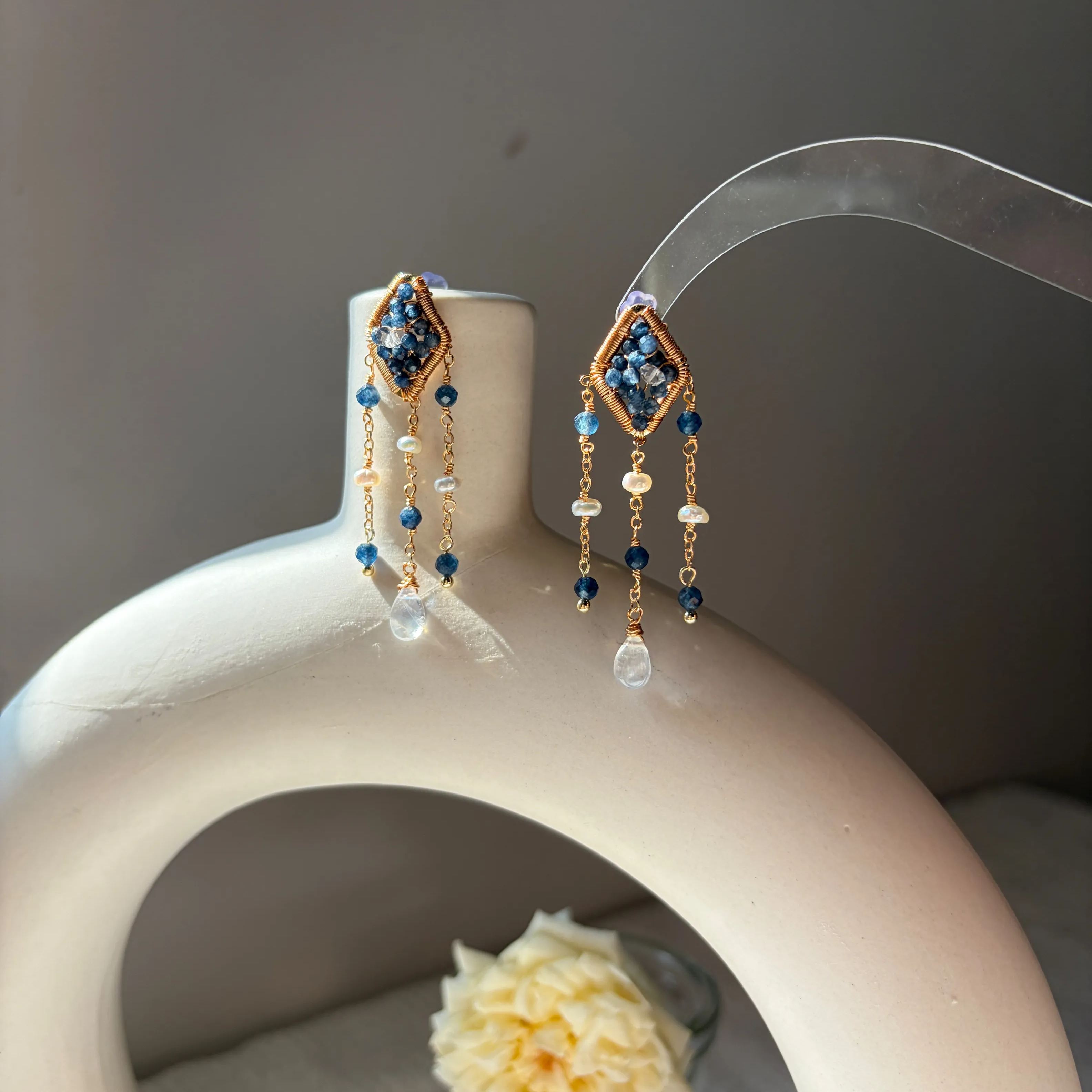 Midnight Tide Sapphire Herkimer diamond and Pearl Earrings Handmade Dangle Earrings