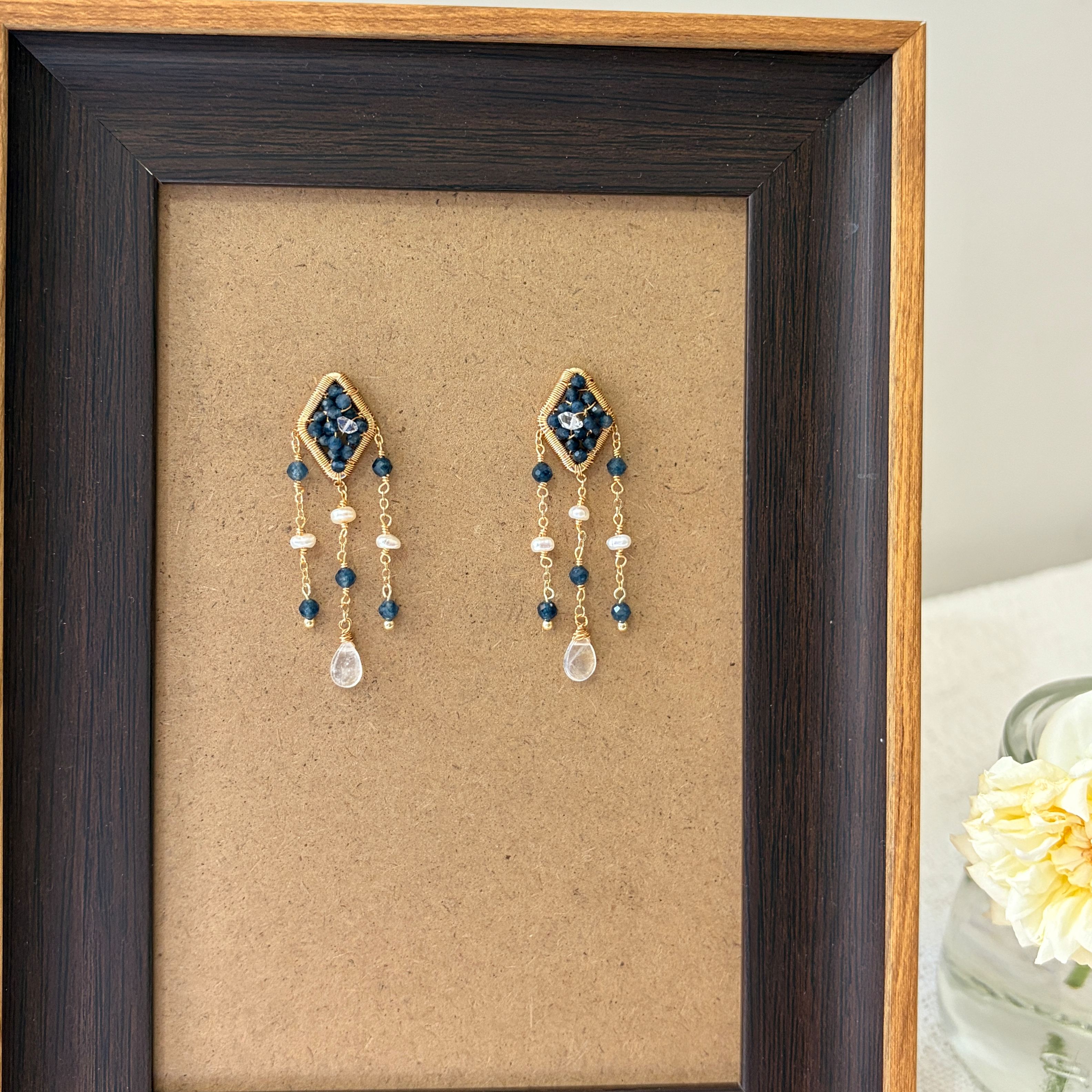 Midnight Tide Sapphire Herkimer diamond and Pearl Earrings Handmade Dangle Earrings