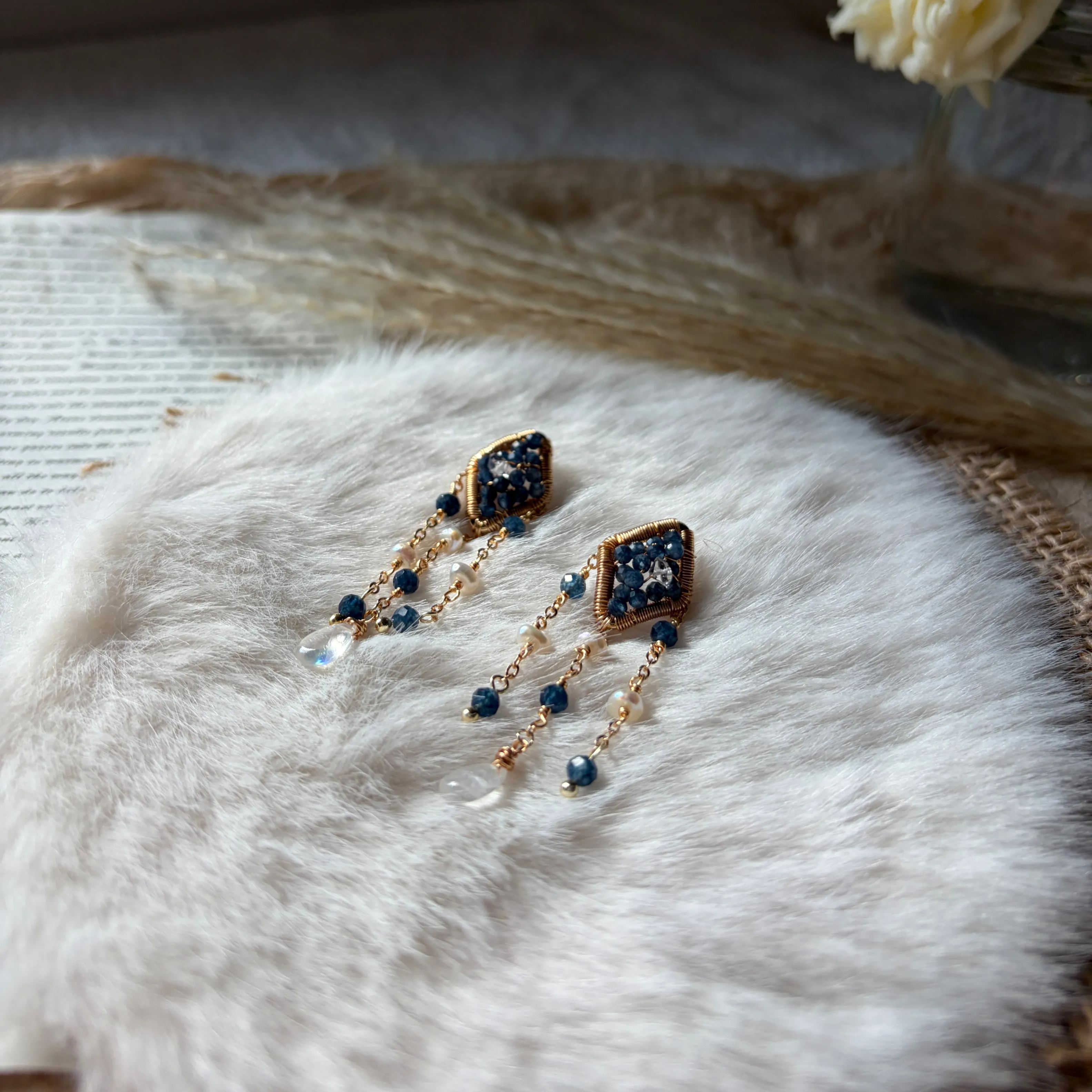 Midnight Tide Sapphire Herkimer diamond and Pearl Earrings Handmade Dangle Earrings