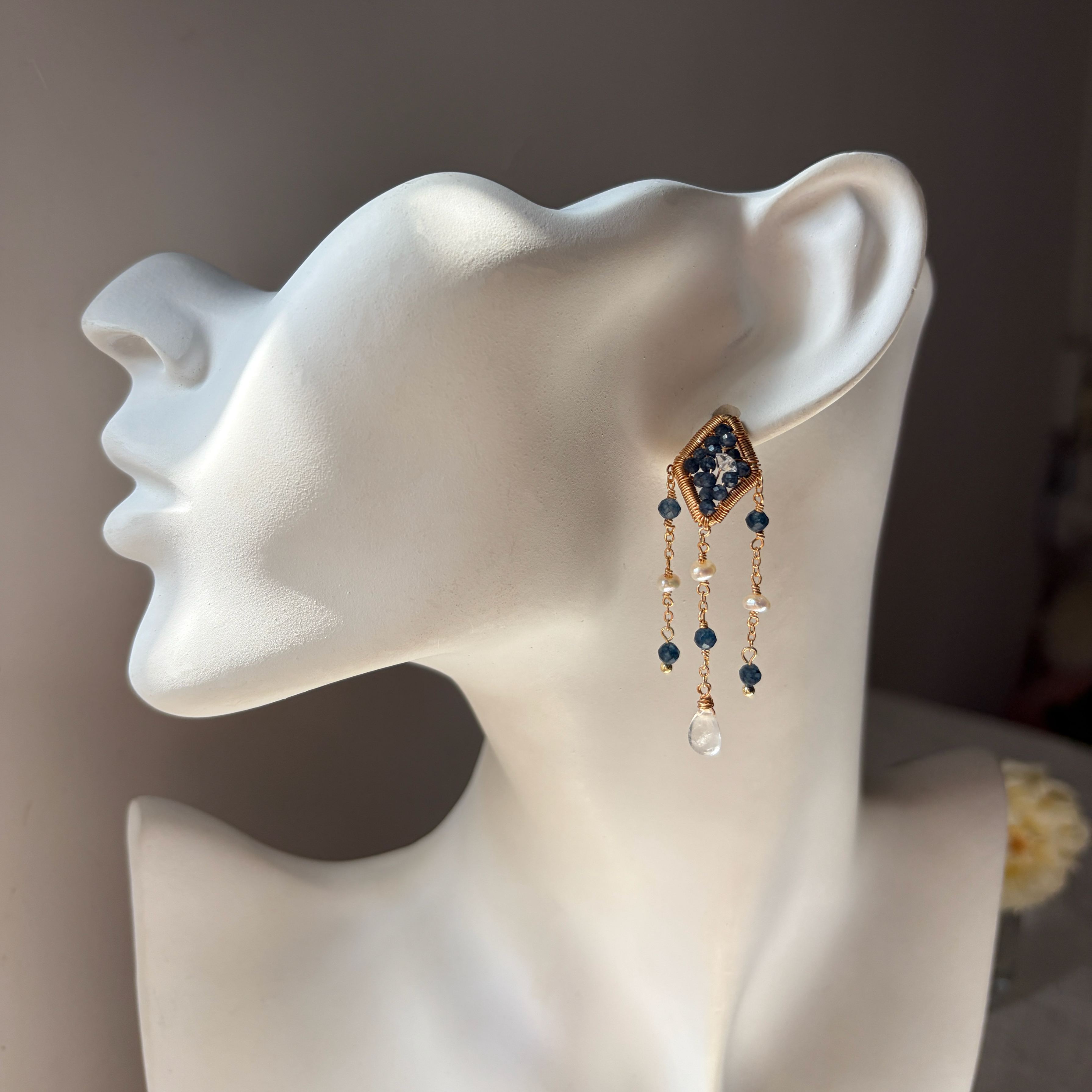 Midnight Tide Sapphire Herkimer diamond and Pearl Earrings Handmade Dangle Earrings