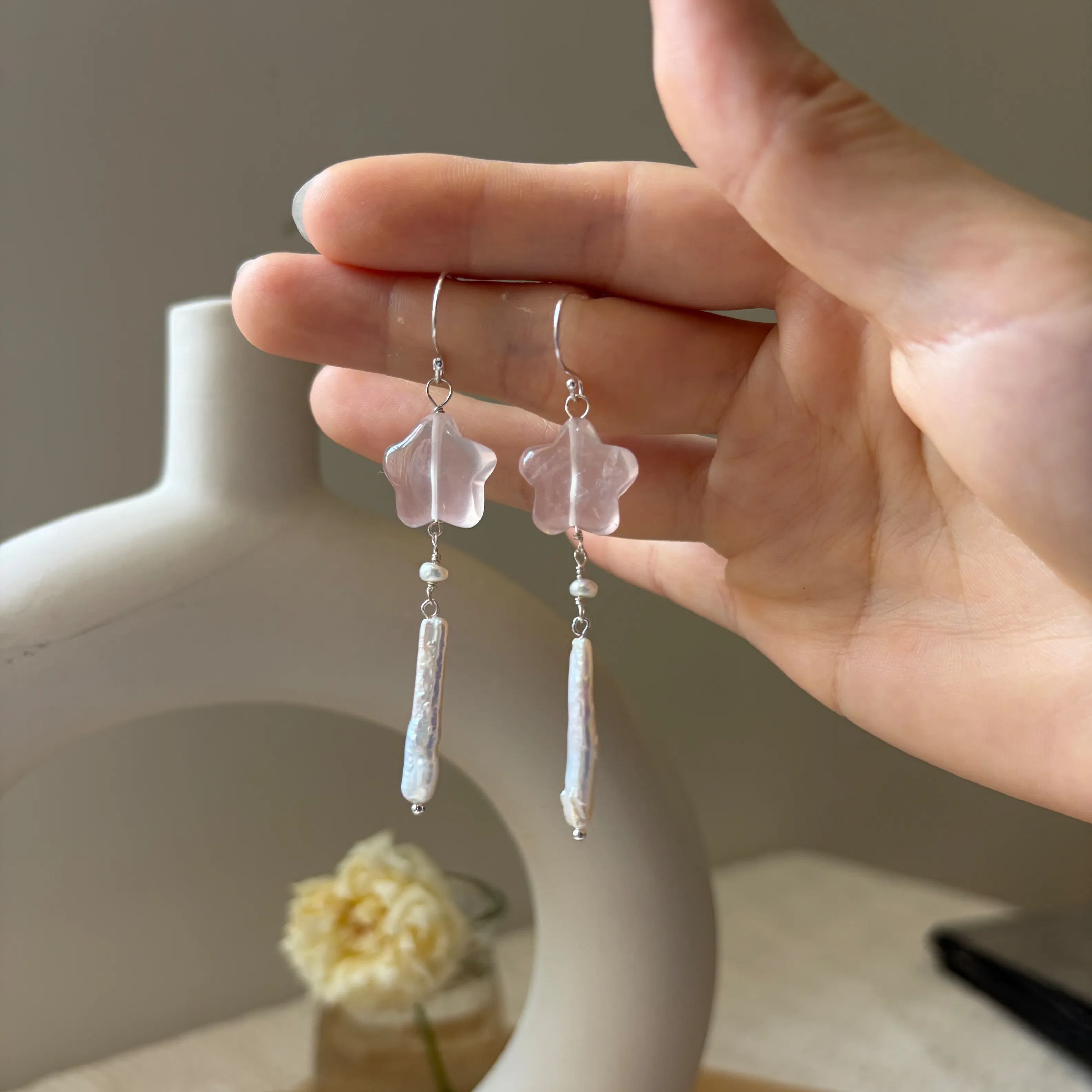 Handmade Pink Starfall Earrings Rose Quartz Star and Baroque Pearl