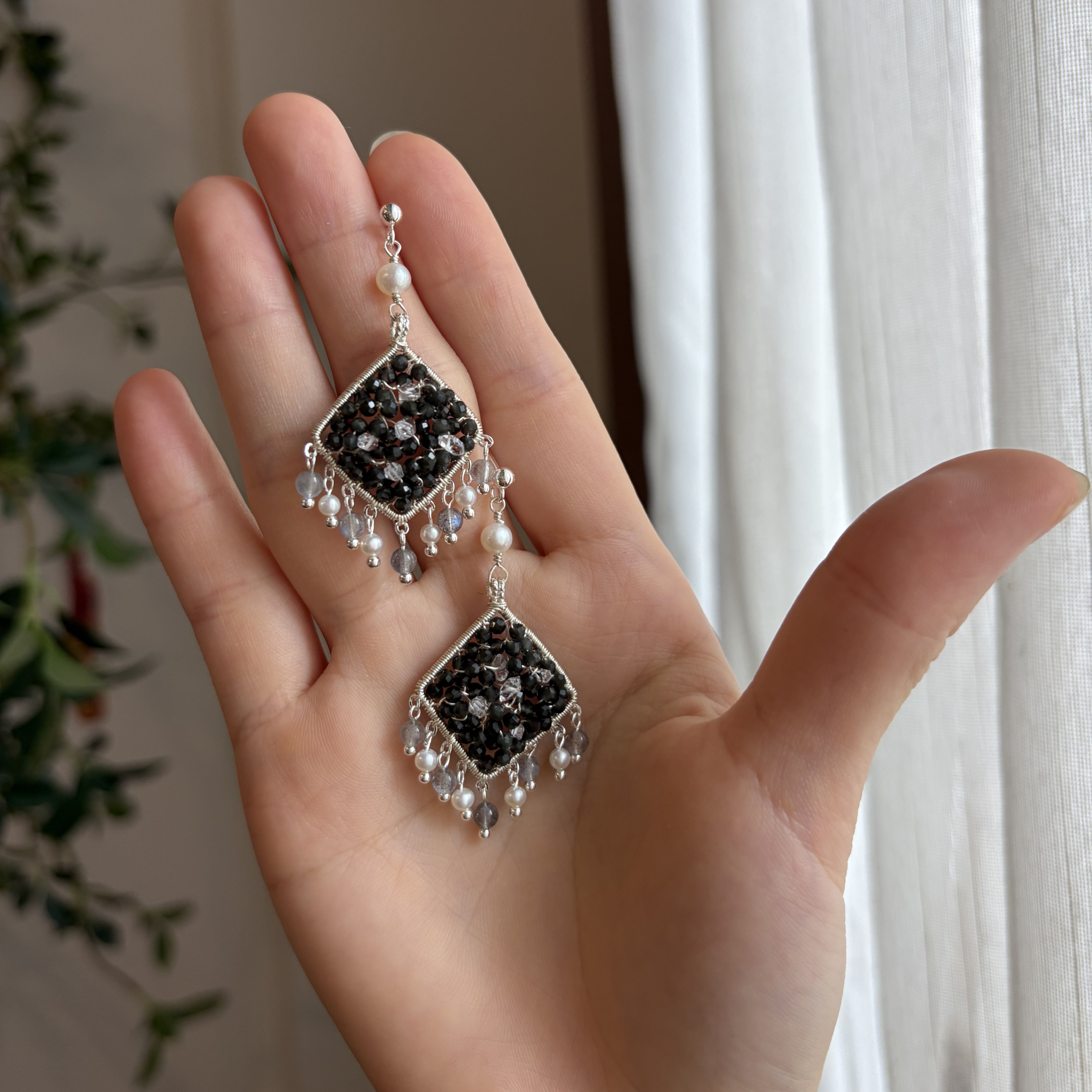 Veil of the Moon Earrings Obsidian, Labradorite & Herkimer Diamond Handmade Earrings 