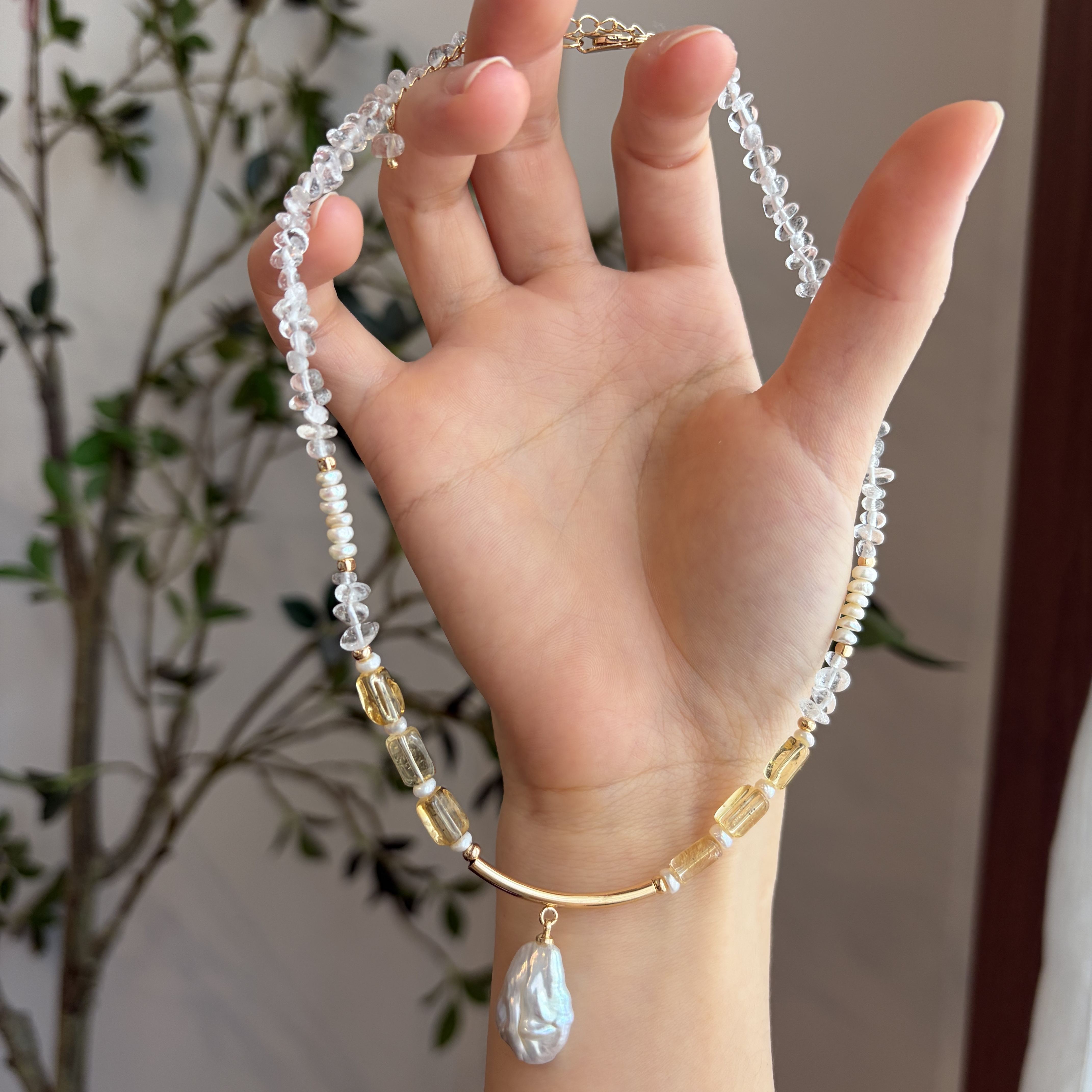 One of a Kind Endless Summer Bloom Necklace Handmade Clear Quartz Citrine and Pearls Necklace 