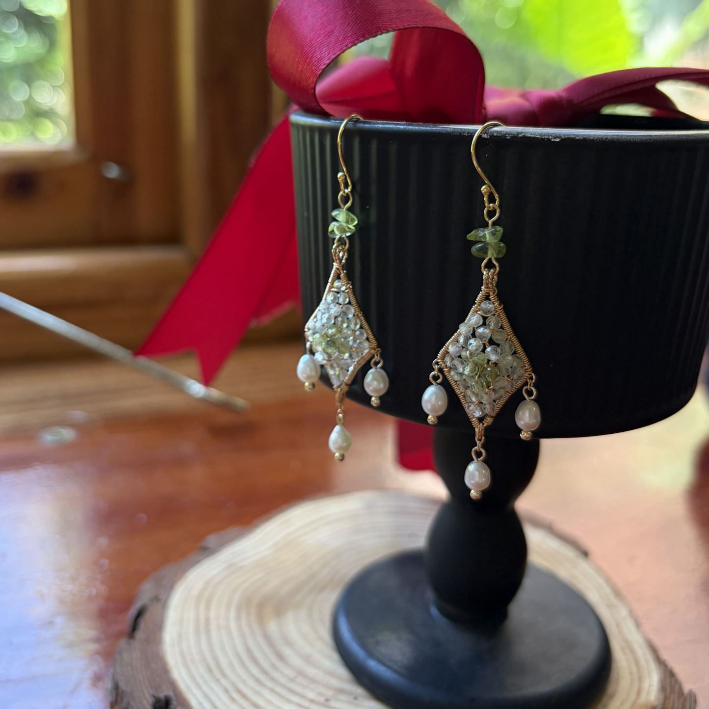 Handmade Whispering Verdure Prehnite, Peridot & Pearl Handwoven Star Earrings