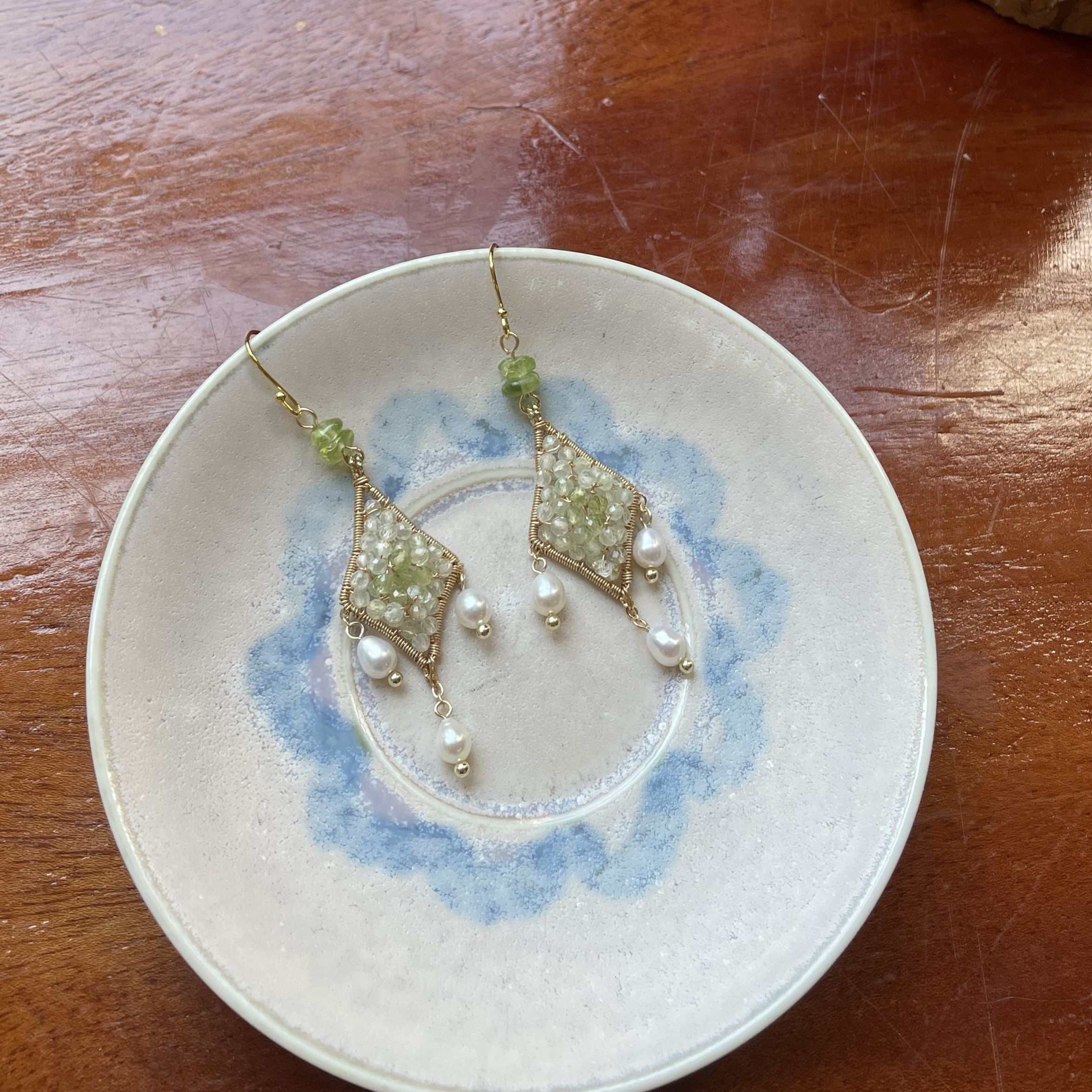 Handmade Whispering Verdure Prehnite, Peridot & Pearl Handwoven Star Earrings
