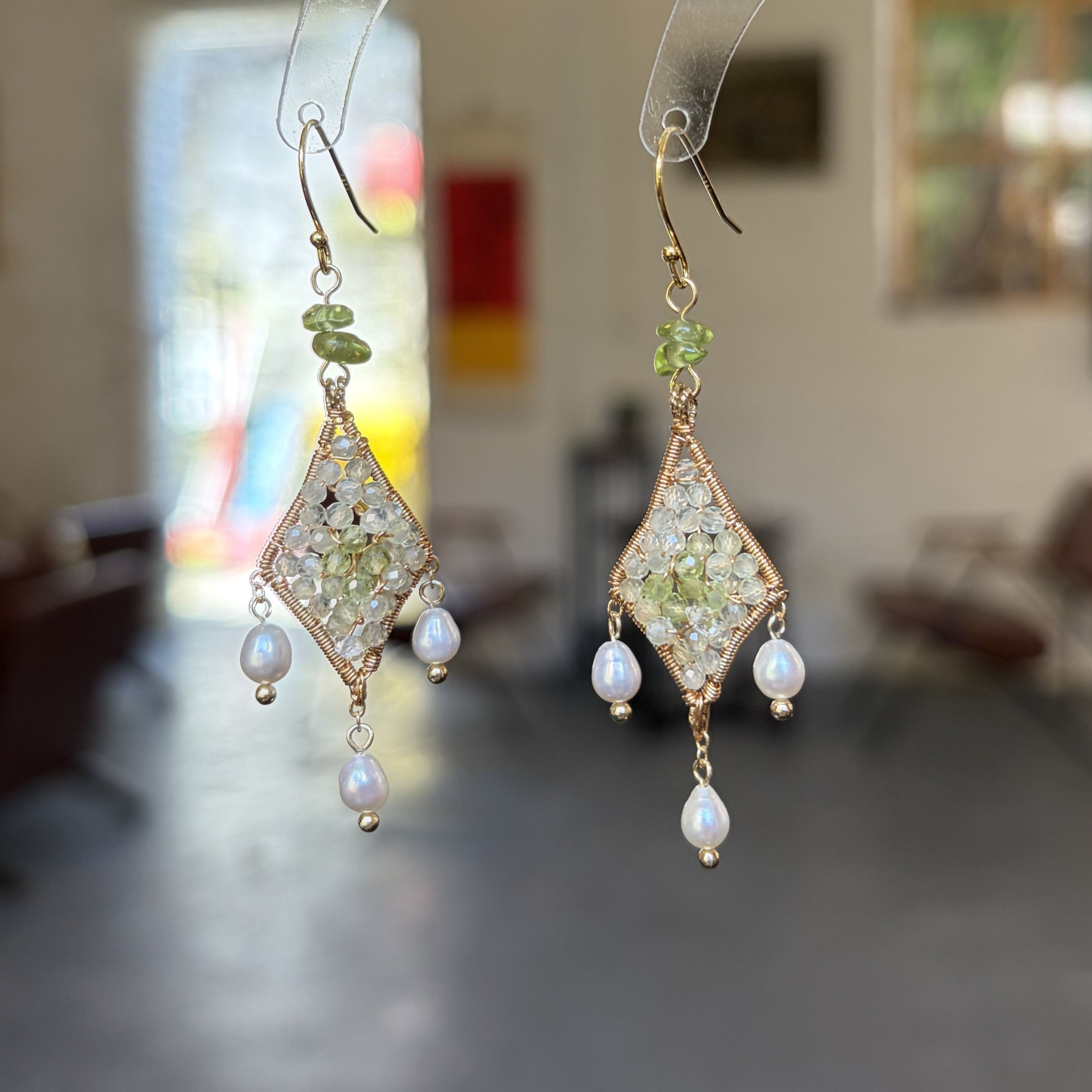Handmade Whispering Verdure Prehnite, Peridot & Pearl Handwoven Star Earrings