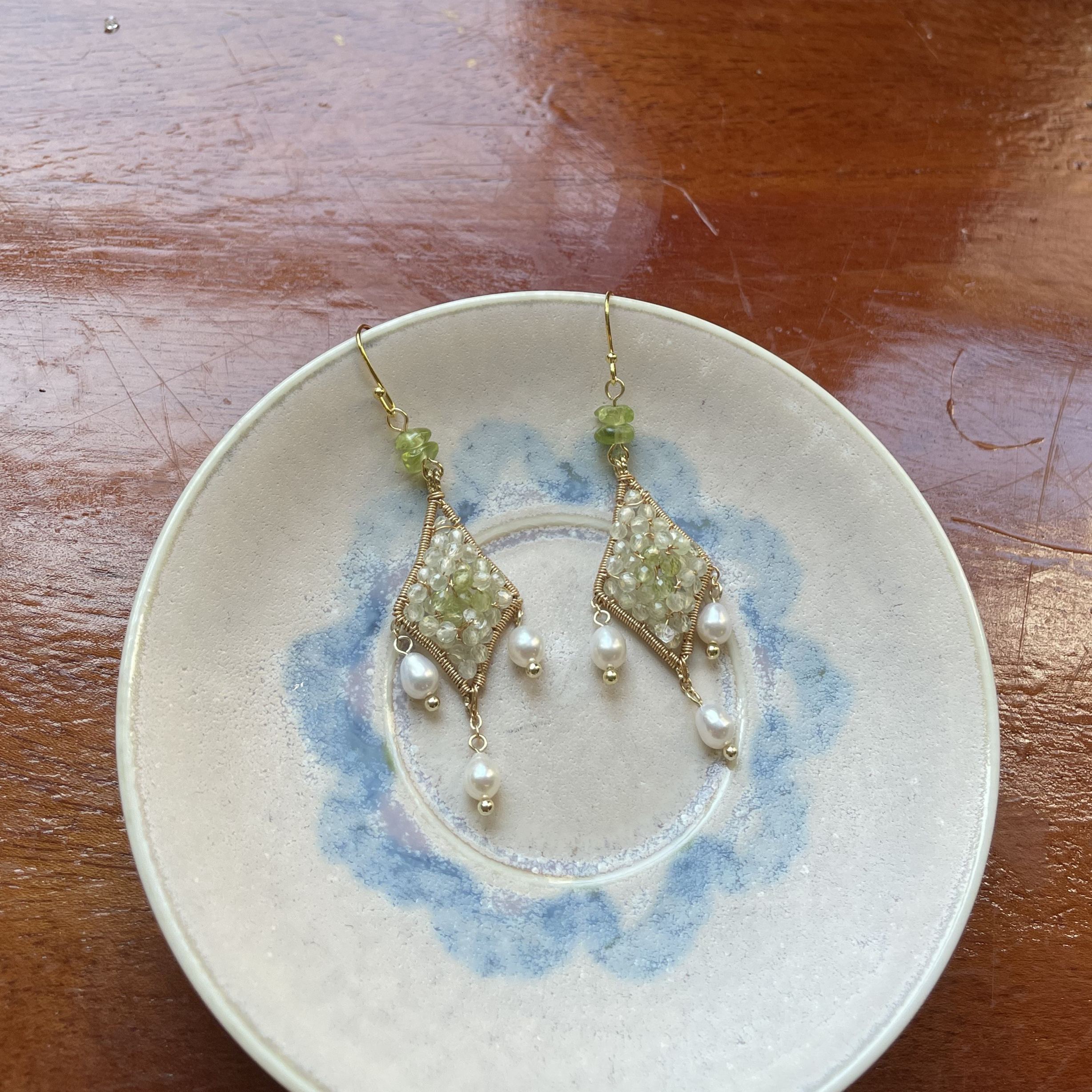 Handmade Whispering Verdure Prehnite, Peridot & Pearl Handwoven Star Earrings