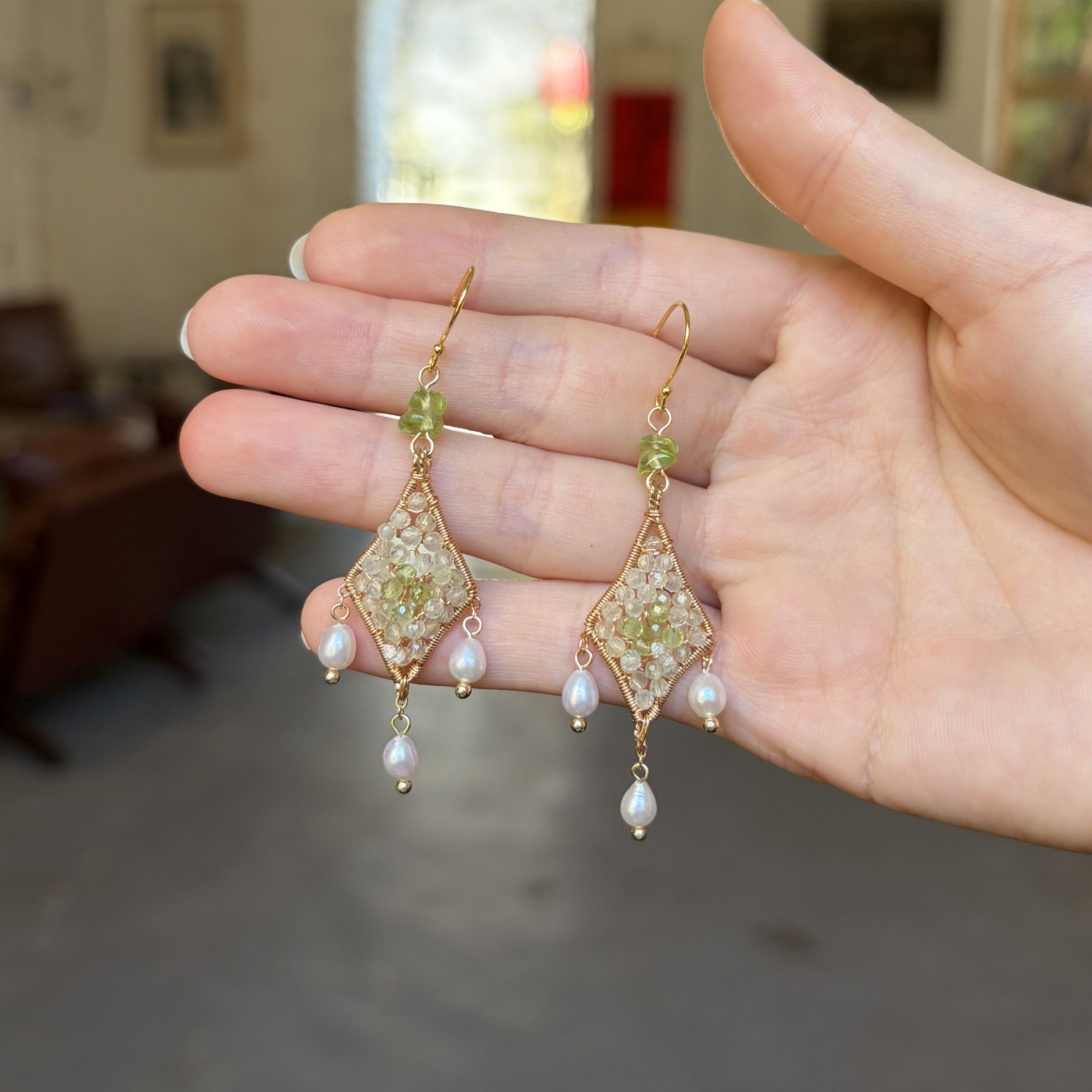 Handmade Whispering Verdure Prehnite, Peridot & Pearl Handwoven Star Earrings