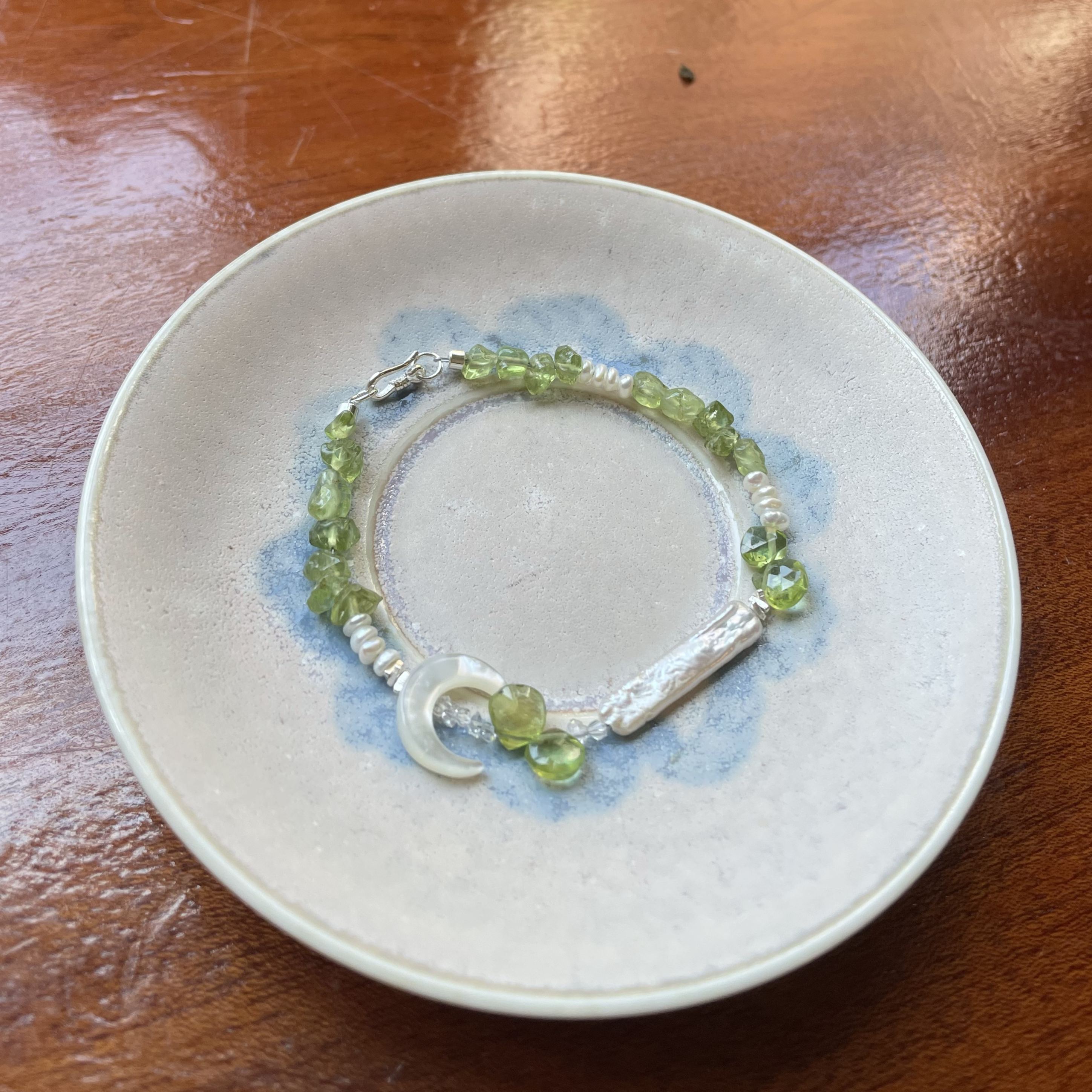 Moon Falls Through the Forest Handmade Peridot and Pearl Bracelet 