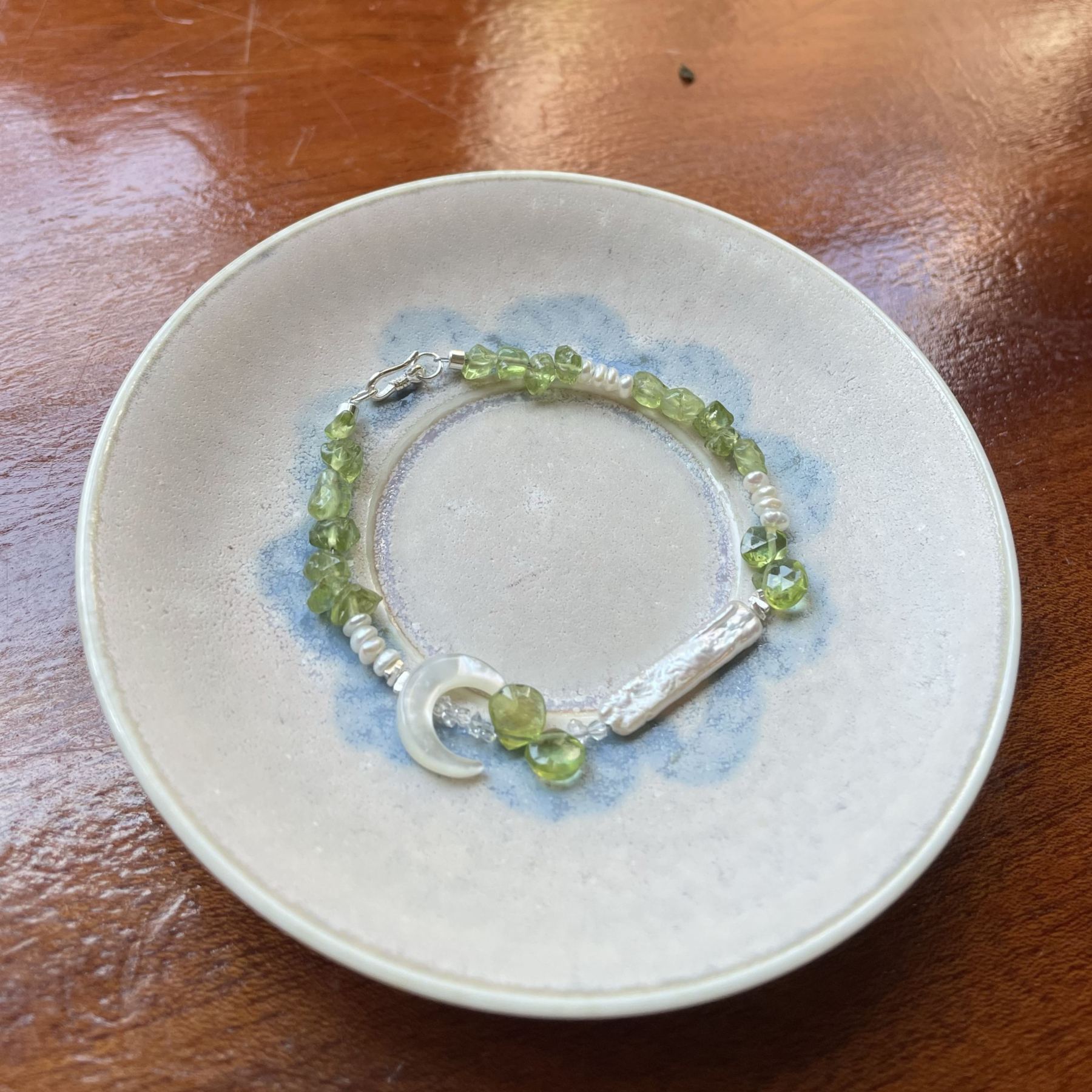 Moon Falls Through the Forest Handmade Peridot and Pearl Bracelet 