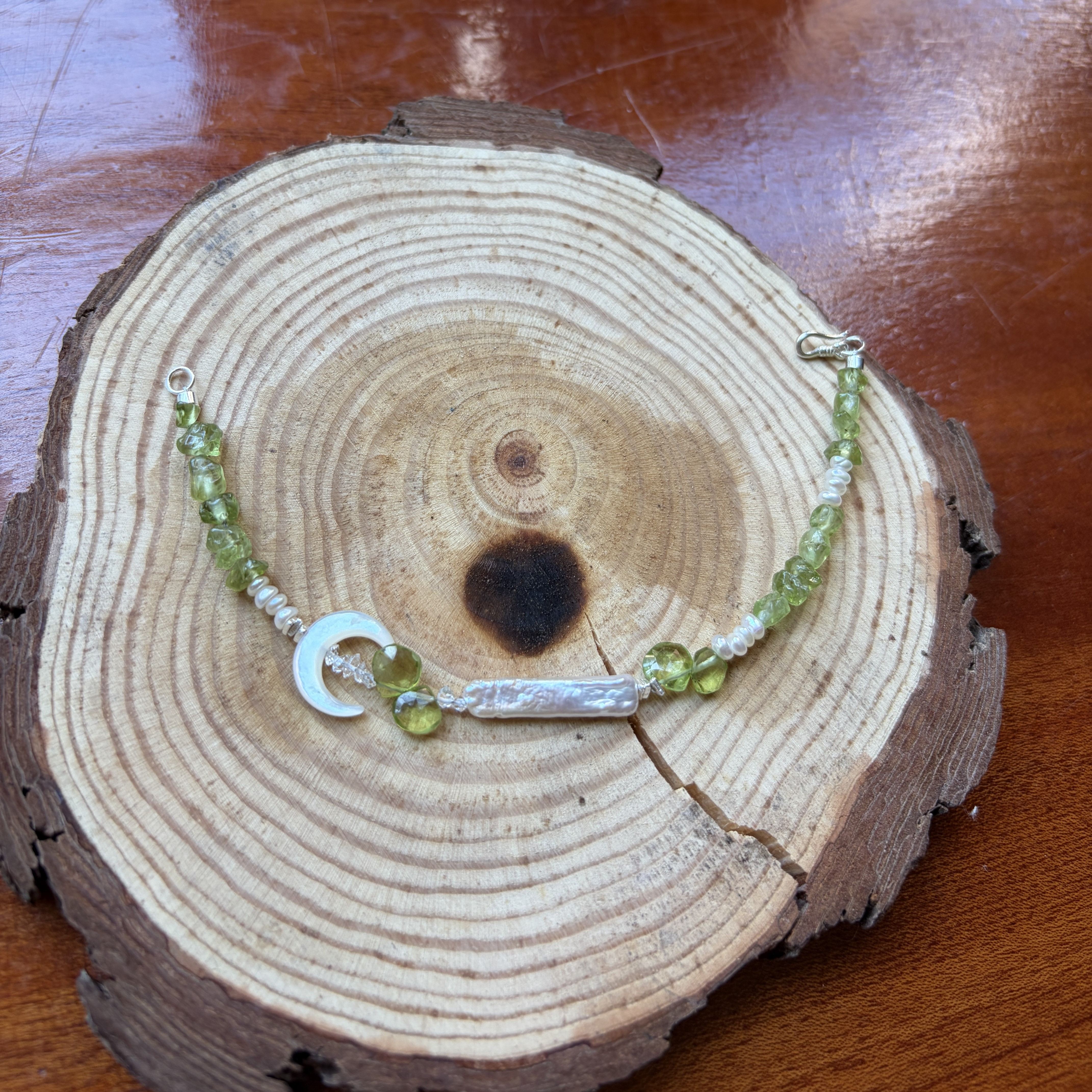 Moon Falls Through the Forest Handmade Peridot and Pearl Bracelet 