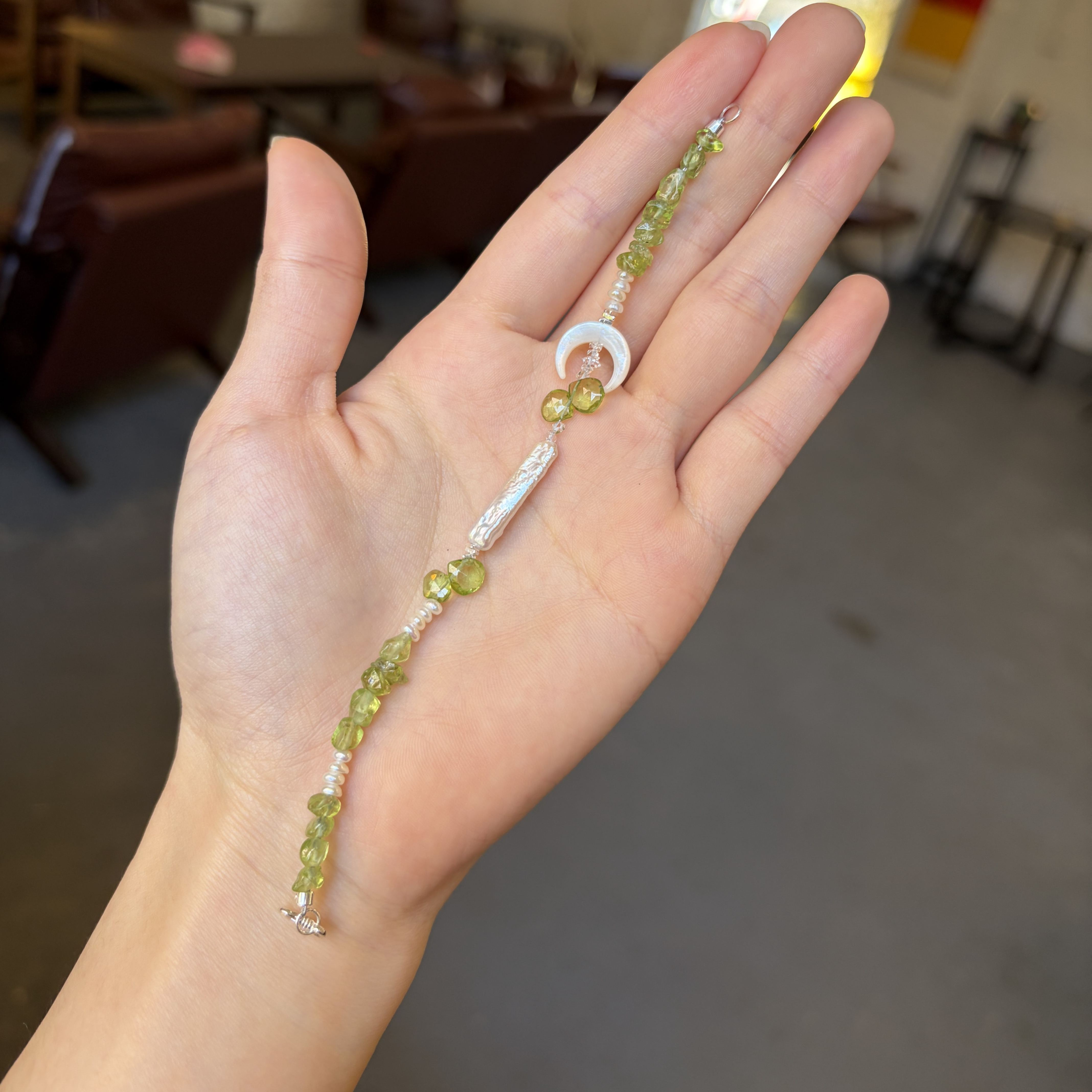 Moon Falls Through the Forest Handmade Peridot and Pearl Bracelet 