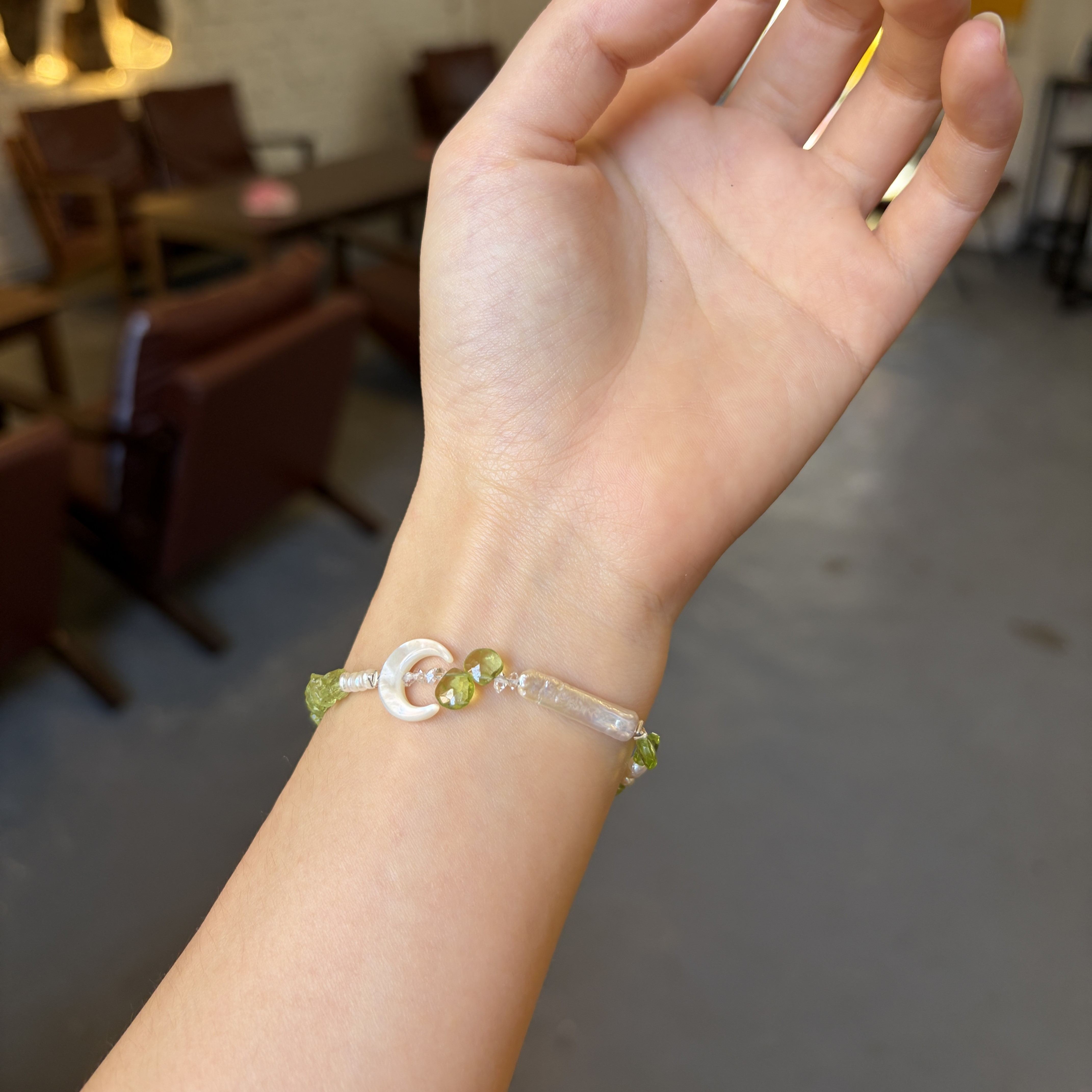 Moon Falls Through the Forest Handmade Peridot and Pearl Bracelet 