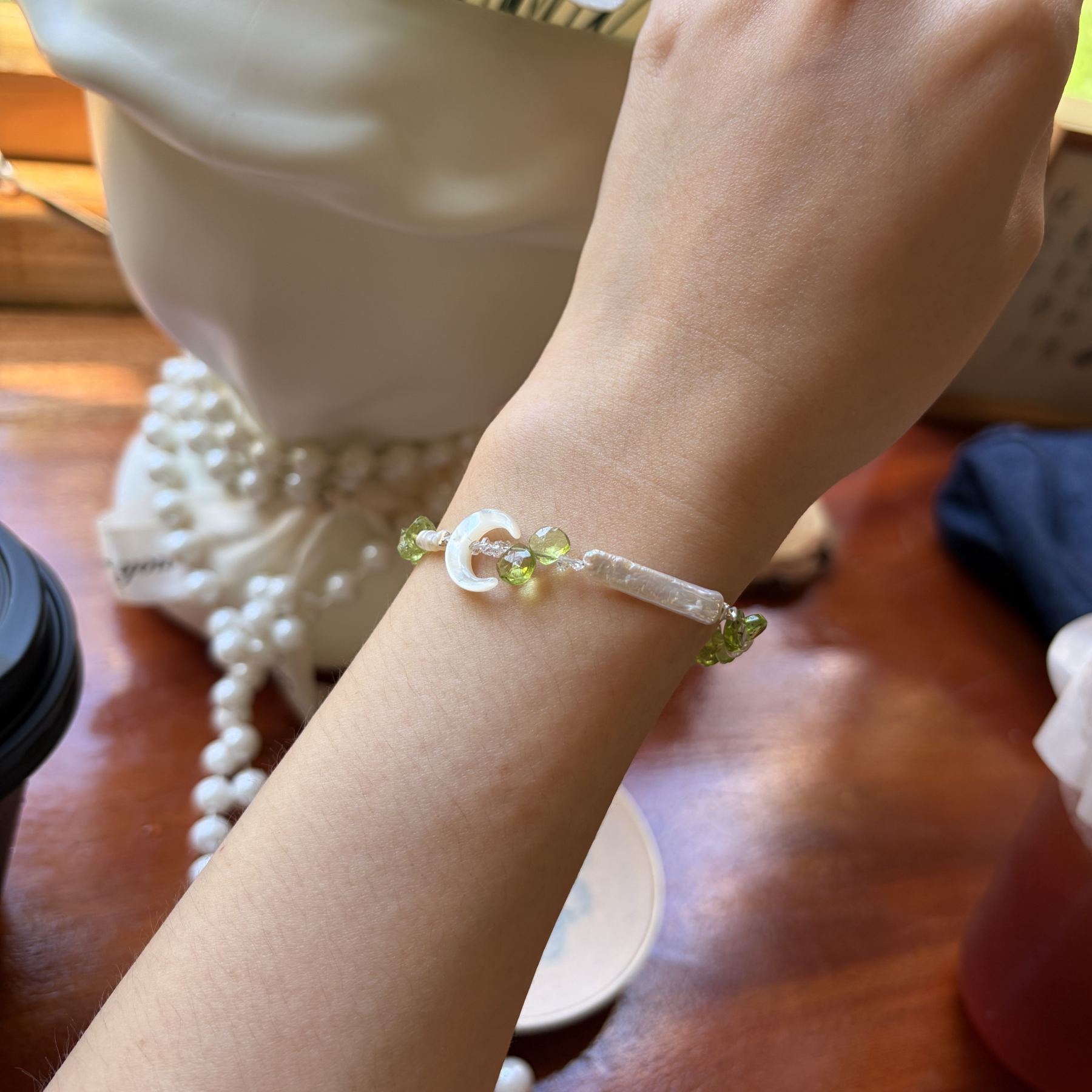 Moon Falls Through the Forest Handmade Peridot and Pearl Bracelet 