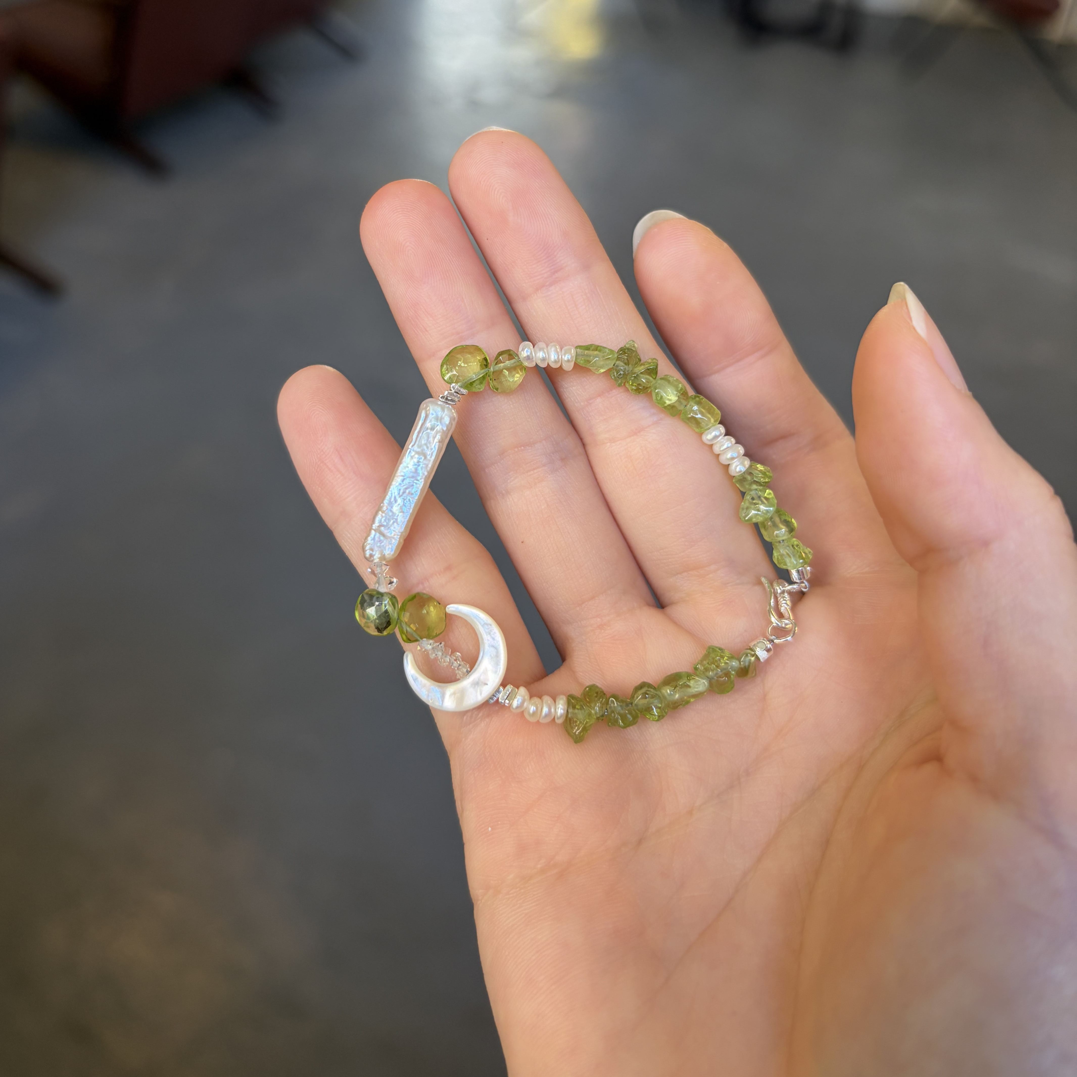 Moon Falls Through the Forest Handmade Peridot and Pearl Bracelet 
