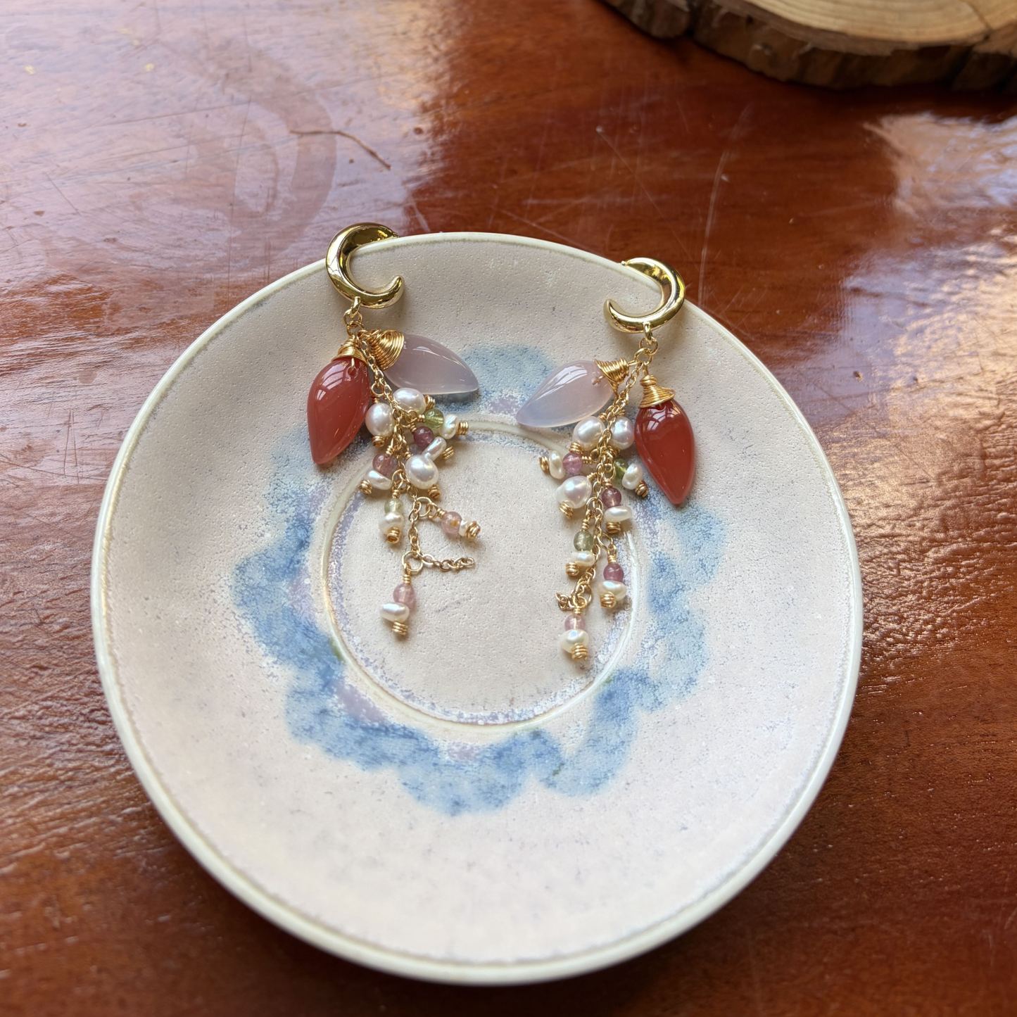 Handmade Pink Agate Flower Earrings Tourmaline & Freshwater Pearl Tassel