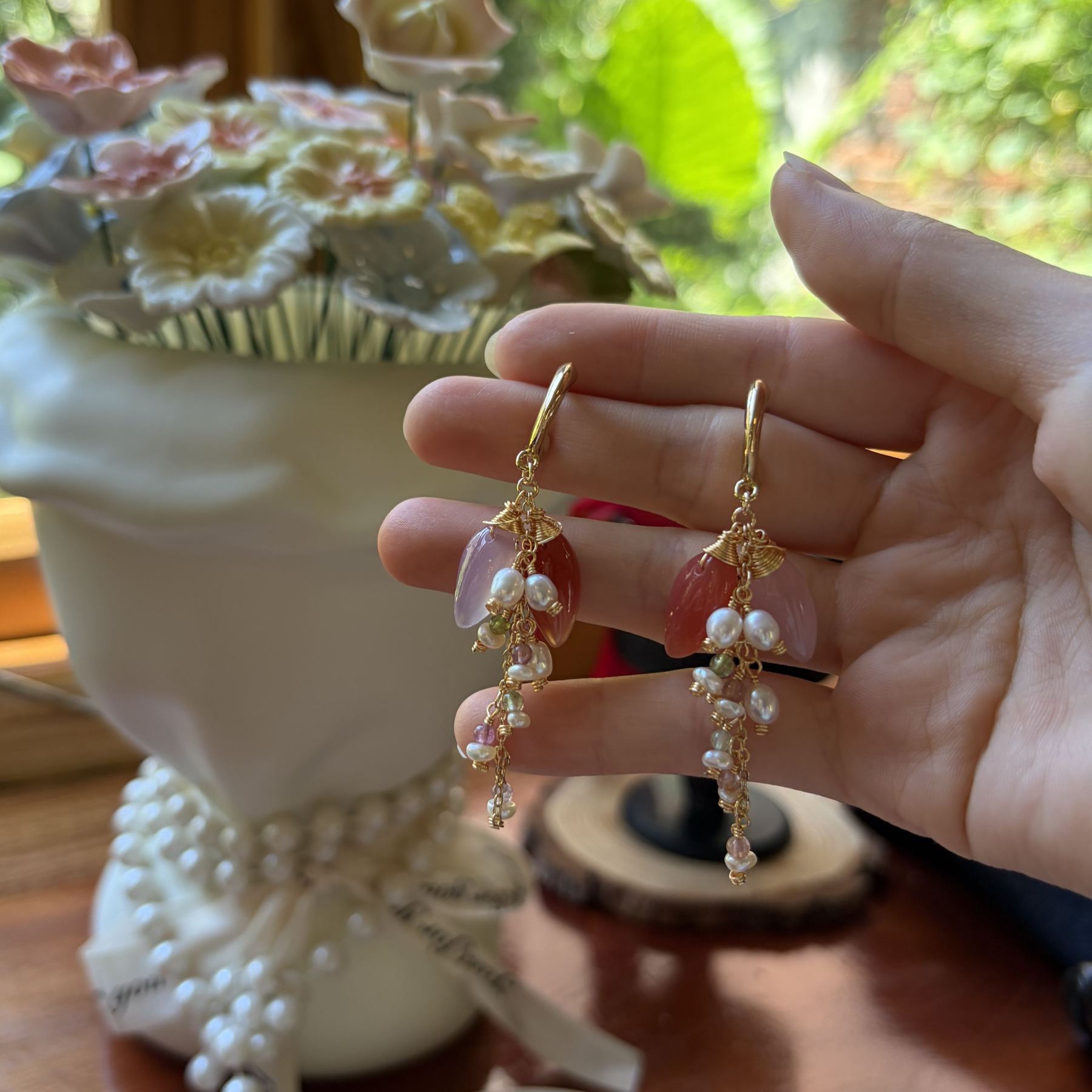 Handmade Pink Agate Flower Earrings Tourmaline & Freshwater Pearl Tassel