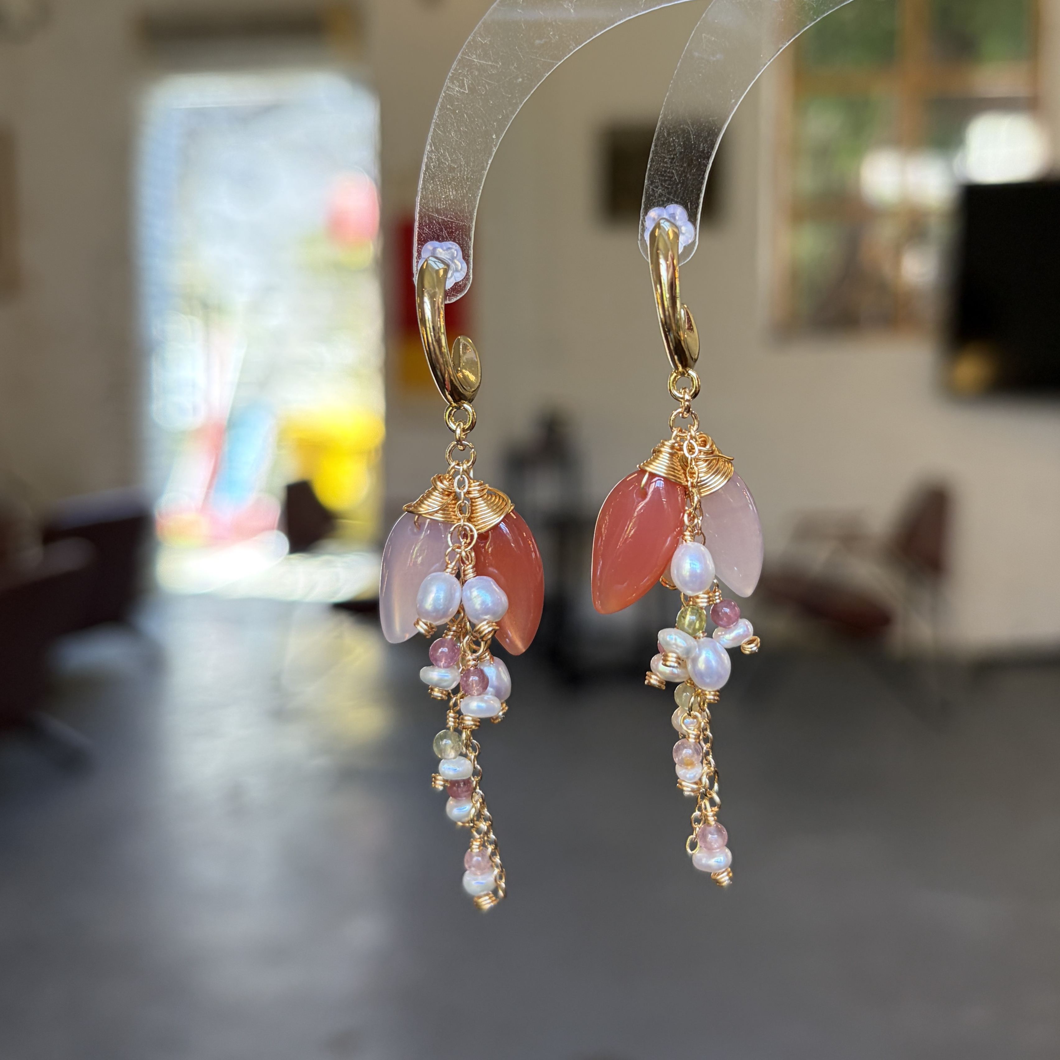 Handmade Pink Agate Flower Earrings Tourmaline & Freshwater Pearl Tassel
