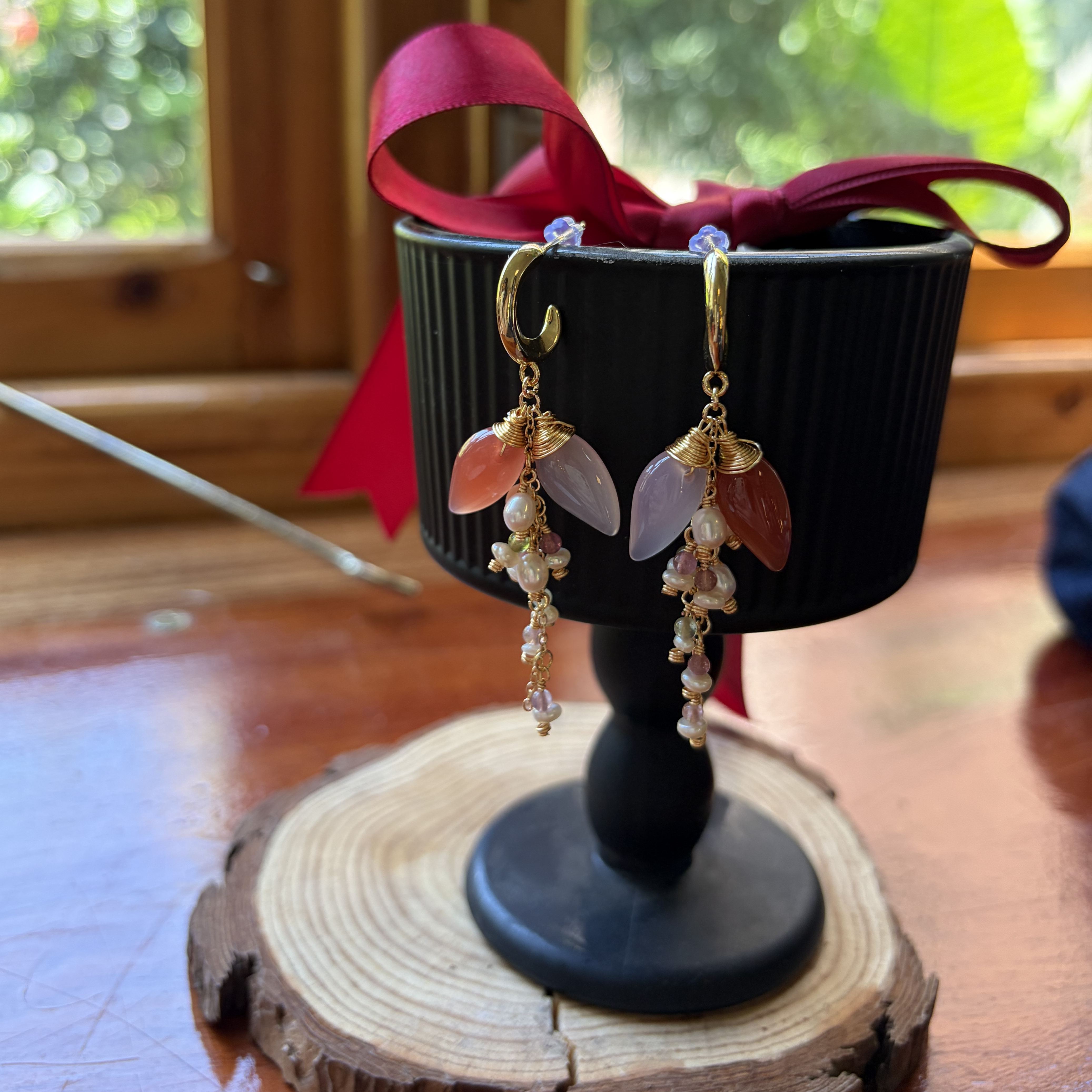 Handmade Pink Agate Flower Earrings Tourmaline & Freshwater Pearl Tassel