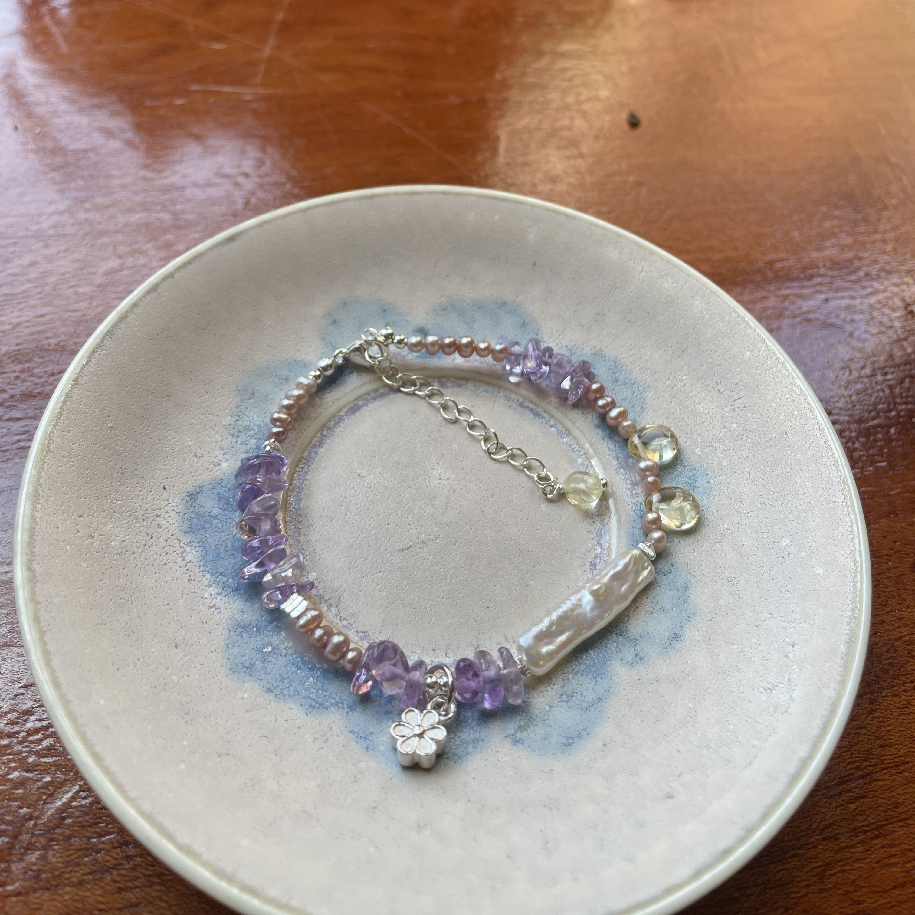 Handmade Purple Twilight Bracelet Bolivian Amethyst, Citrine & Baroque Pearl 