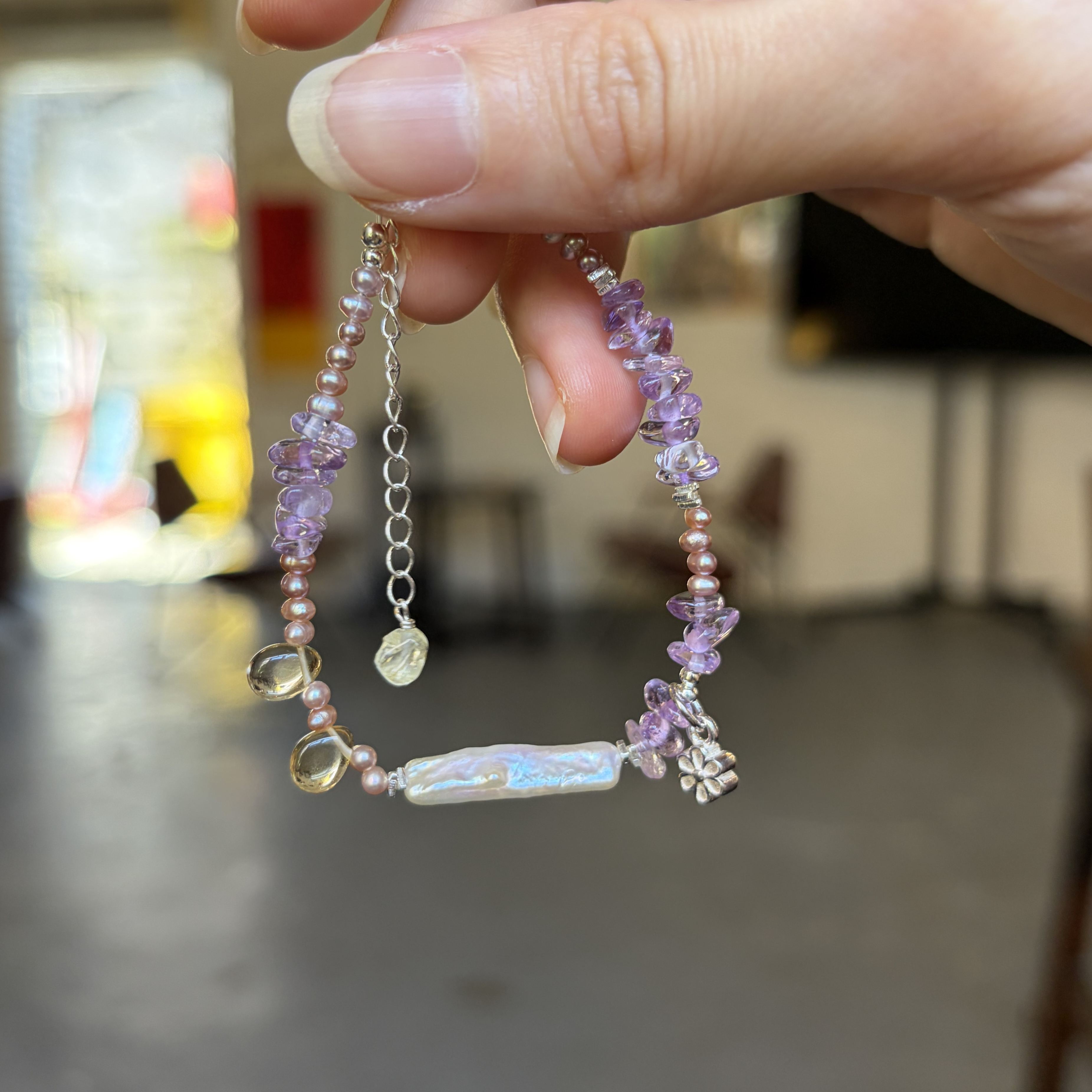 Handmade Purple Twilight Bracelet Bolivian Amethyst, Citrine & Baroque Pearl 