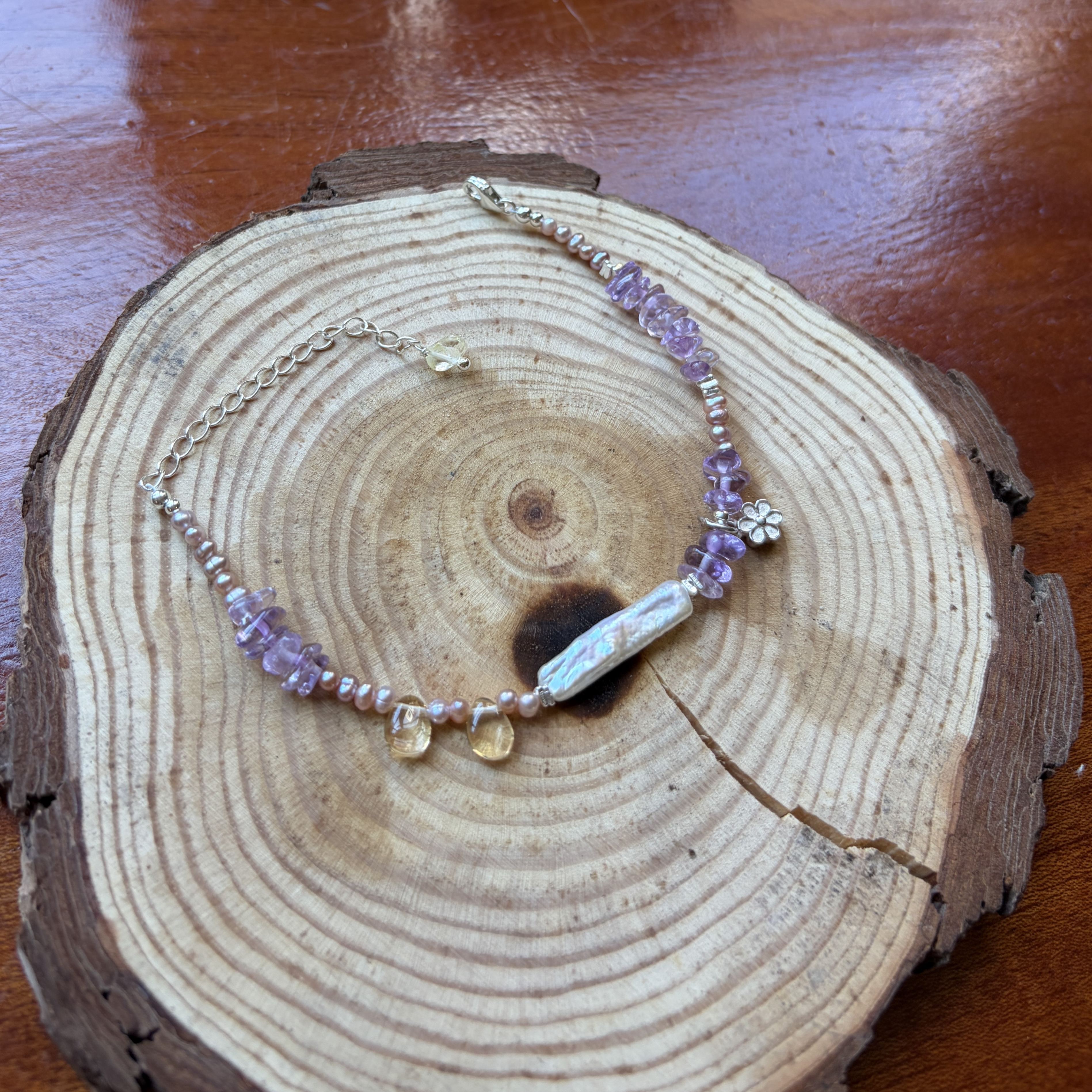 Handmade Purple Twilight Bracelet Bolivian Amethyst, Citrine & Baroque Pearl 