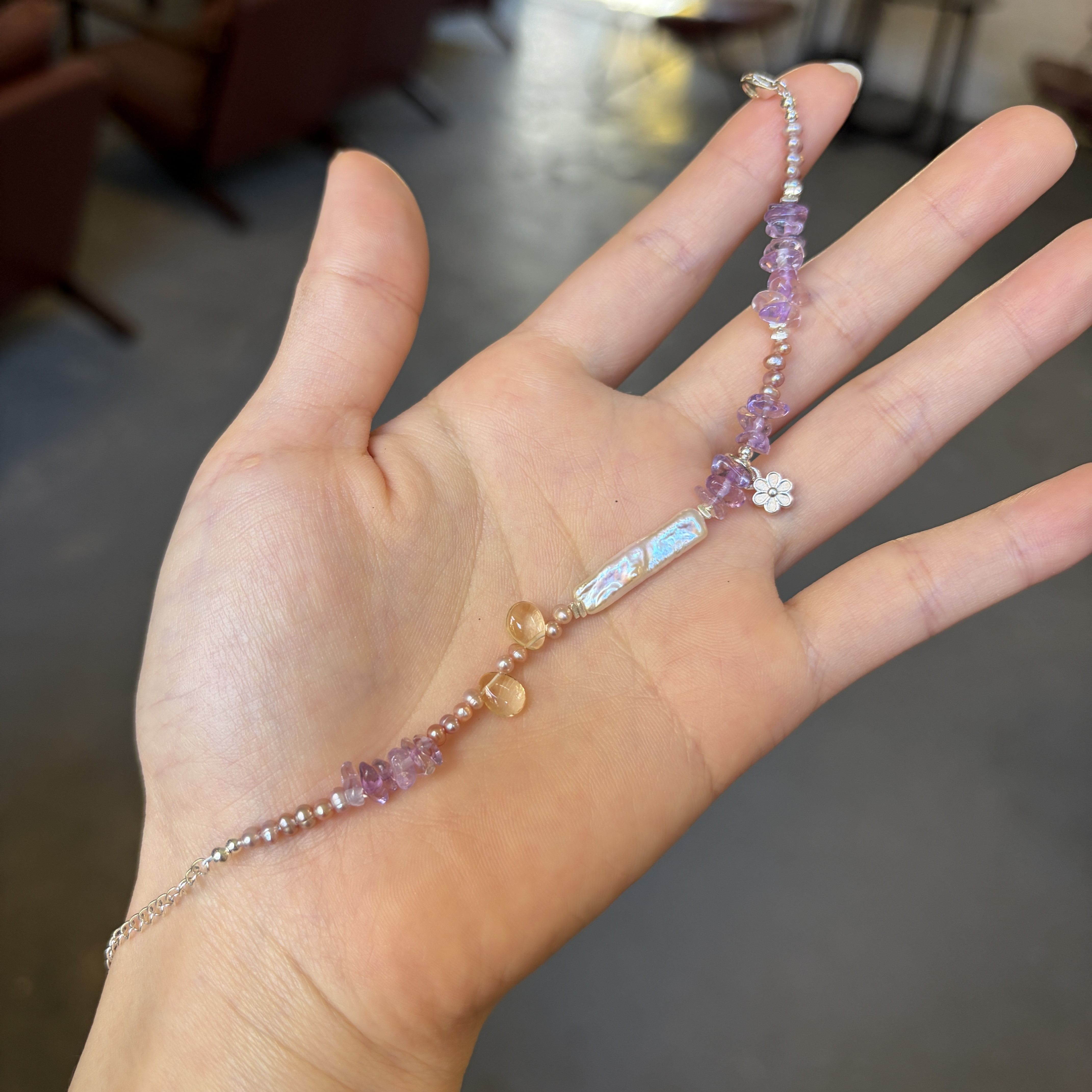 Handmade Purple Twilight Bracelet Bolivian Amethyst, Citrine & Baroque Pearl 