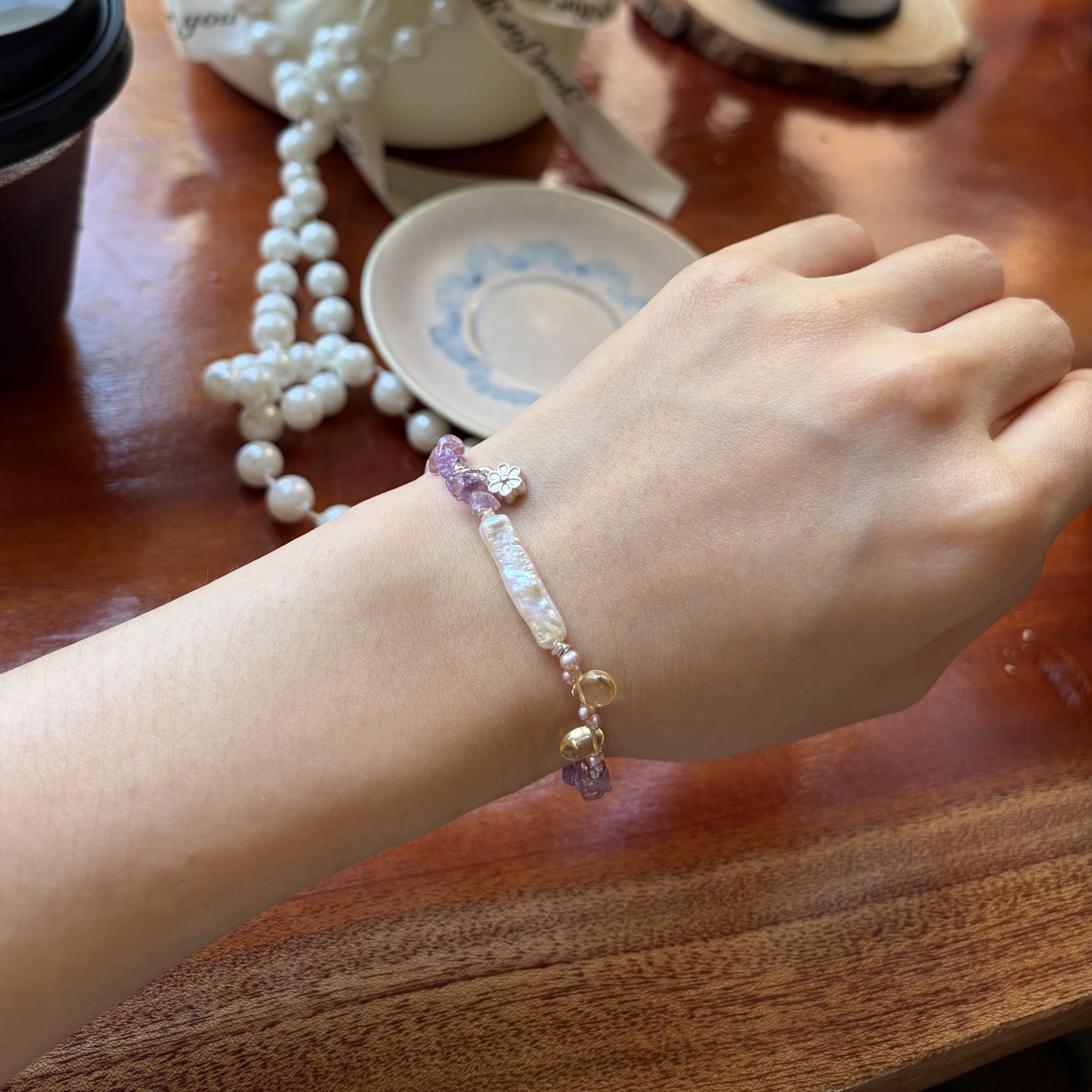 Handmade Purple Twilight Bracelet Bolivian Amethyst, Citrine & Baroque Pearl 
