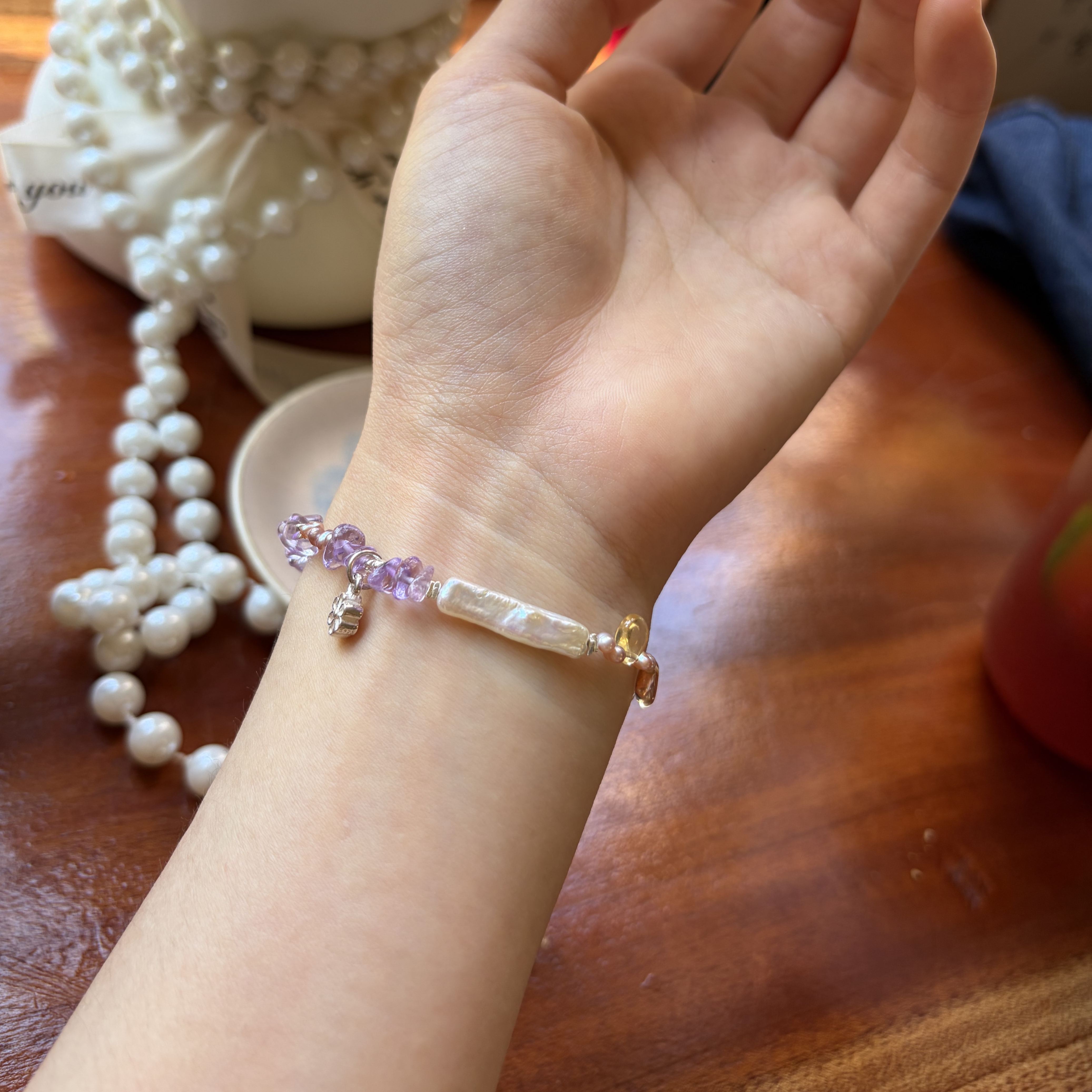 Handmade Purple Twilight Bracelet Bolivian Amethyst, Citrine & Baroque Pearl 