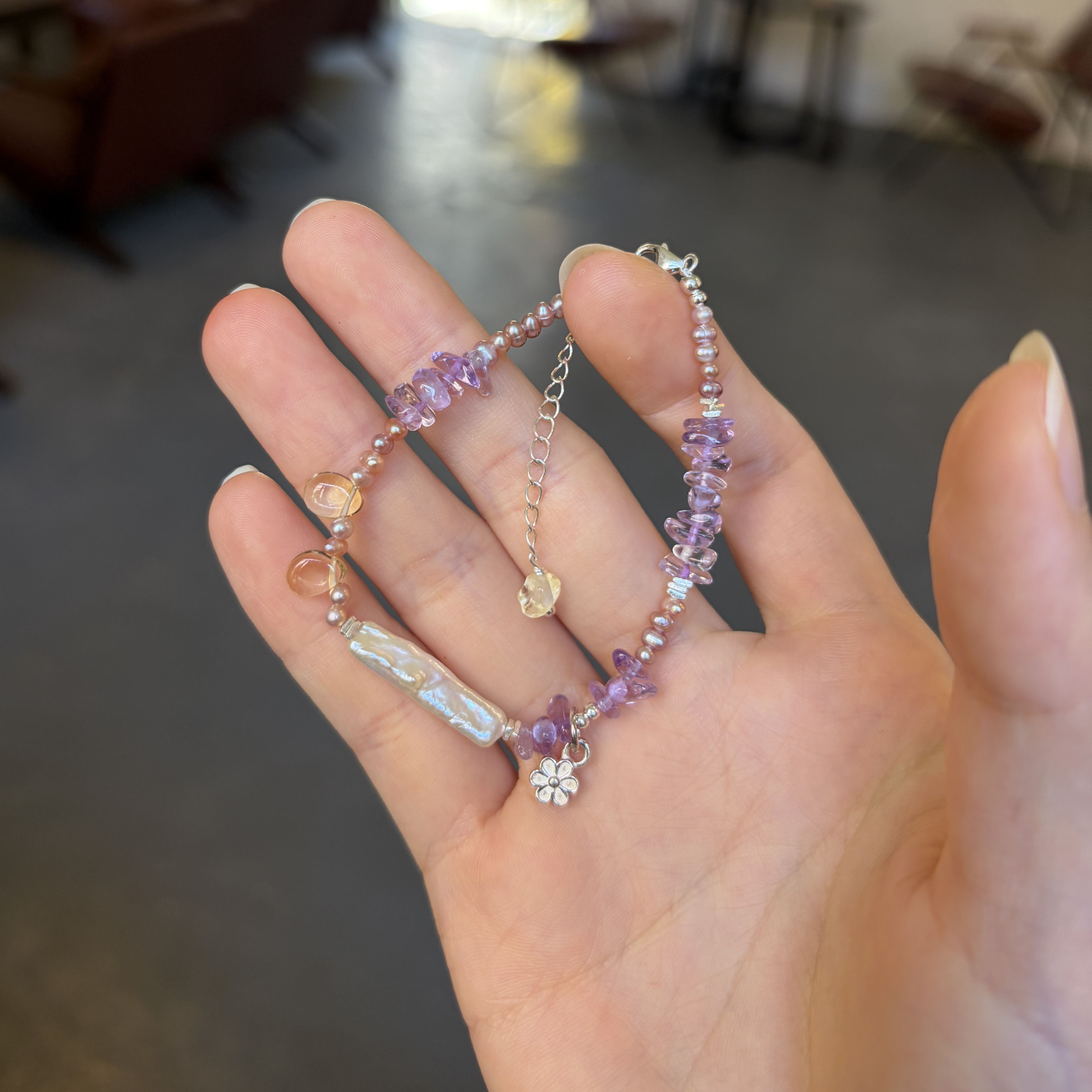 Handmade Purple Twilight Bracelet Bolivian Amethyst, Citrine & Baroque Pearl 