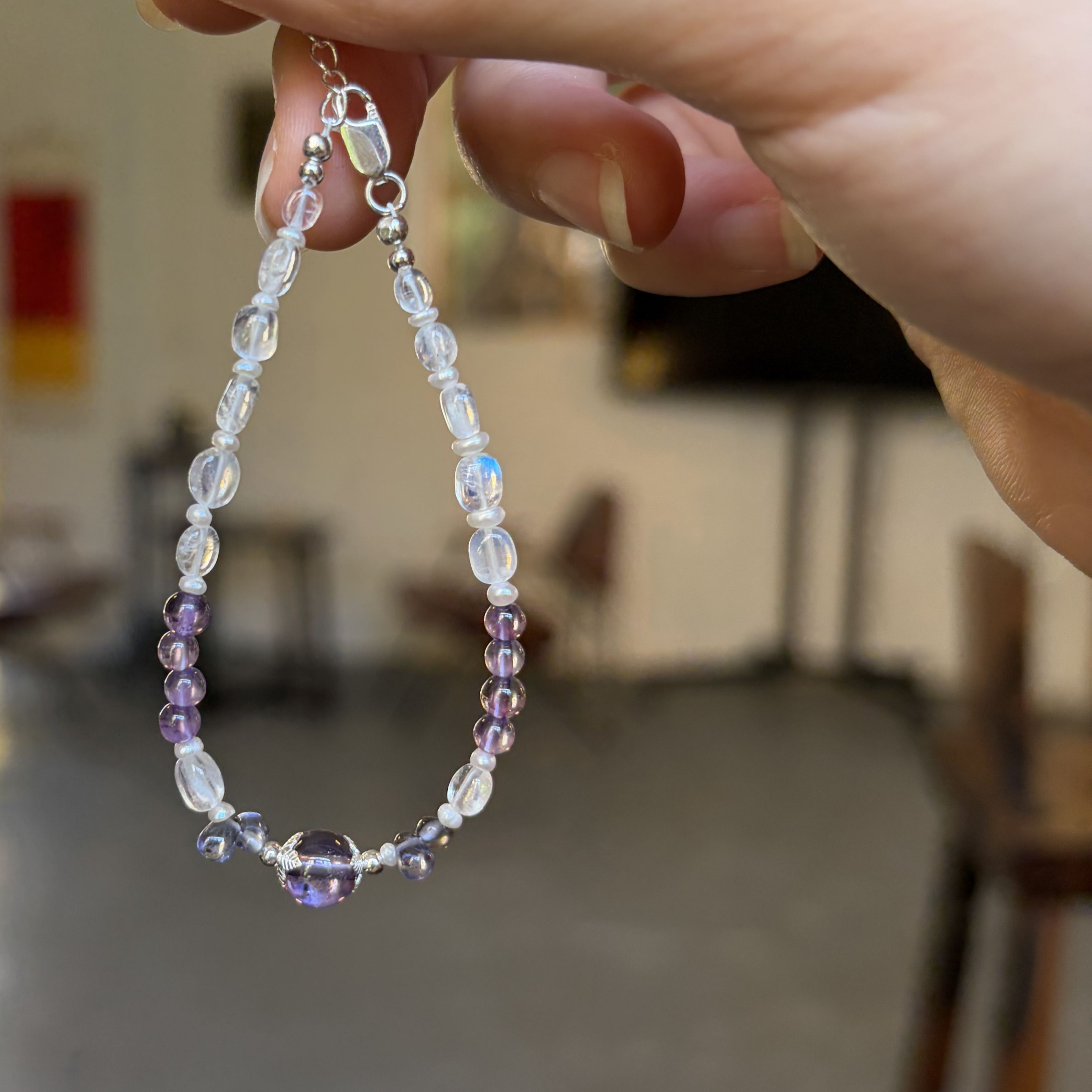 Moonlit Violet Mist Bracelet Moonstone, Iolite & Amethyst Handmade Gemstone Bracelet