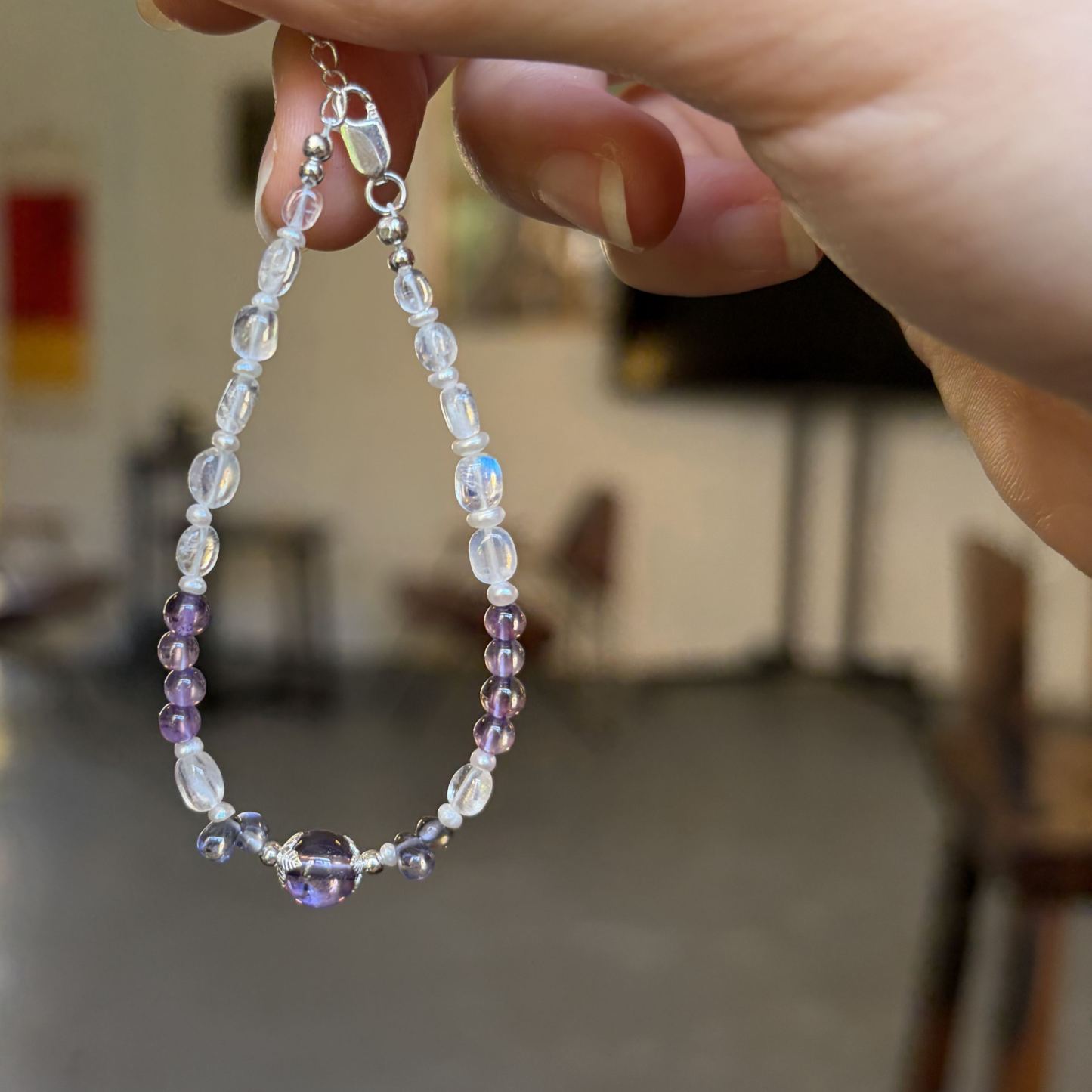 Moonlit Violet Mist Bracelet Moonstone, Iolite & Amethyst Handmade Gemstone Bracelet