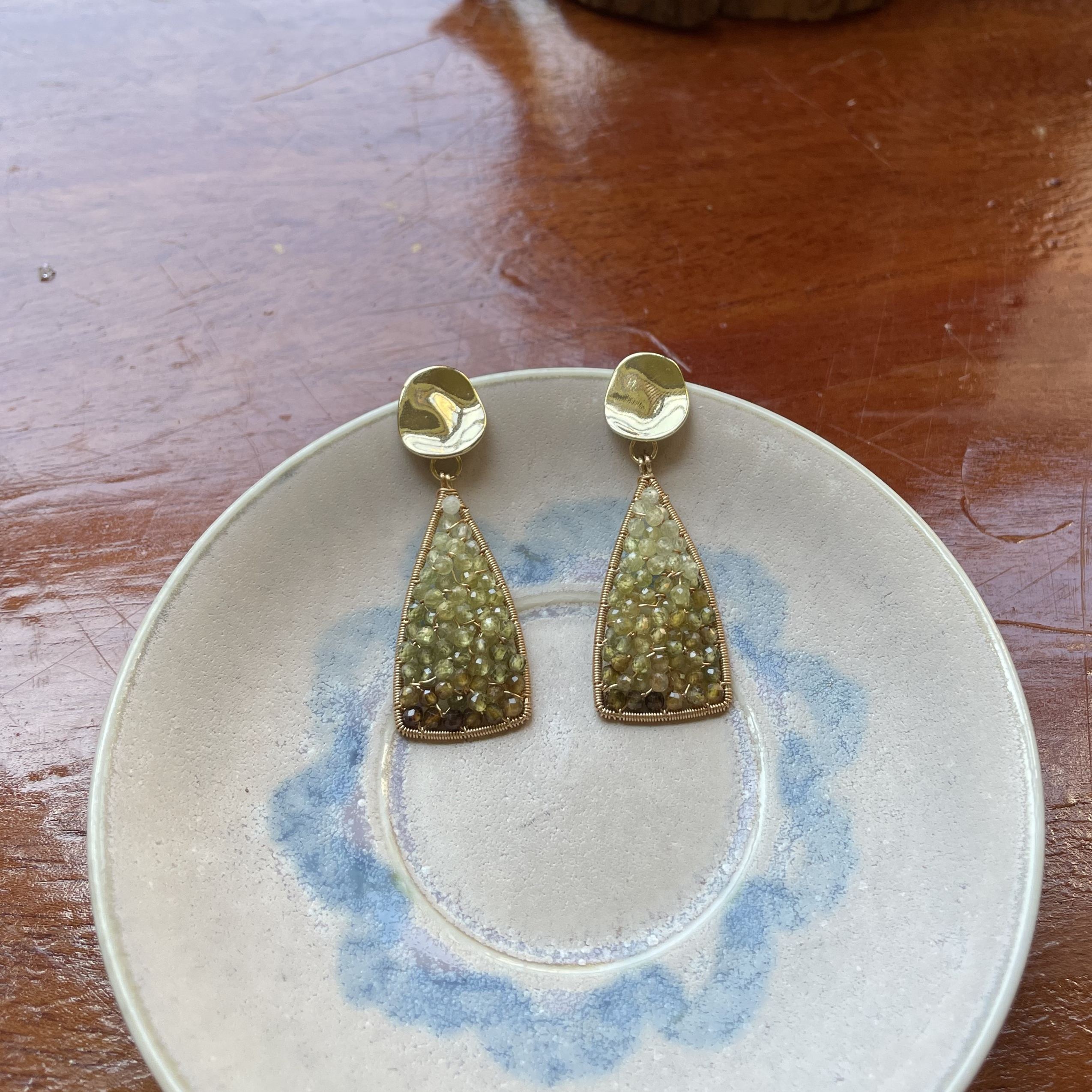 Gradient Green Garnet Wire-Wrapped Earrings Handmade Moss Green Gemstone Earrings 