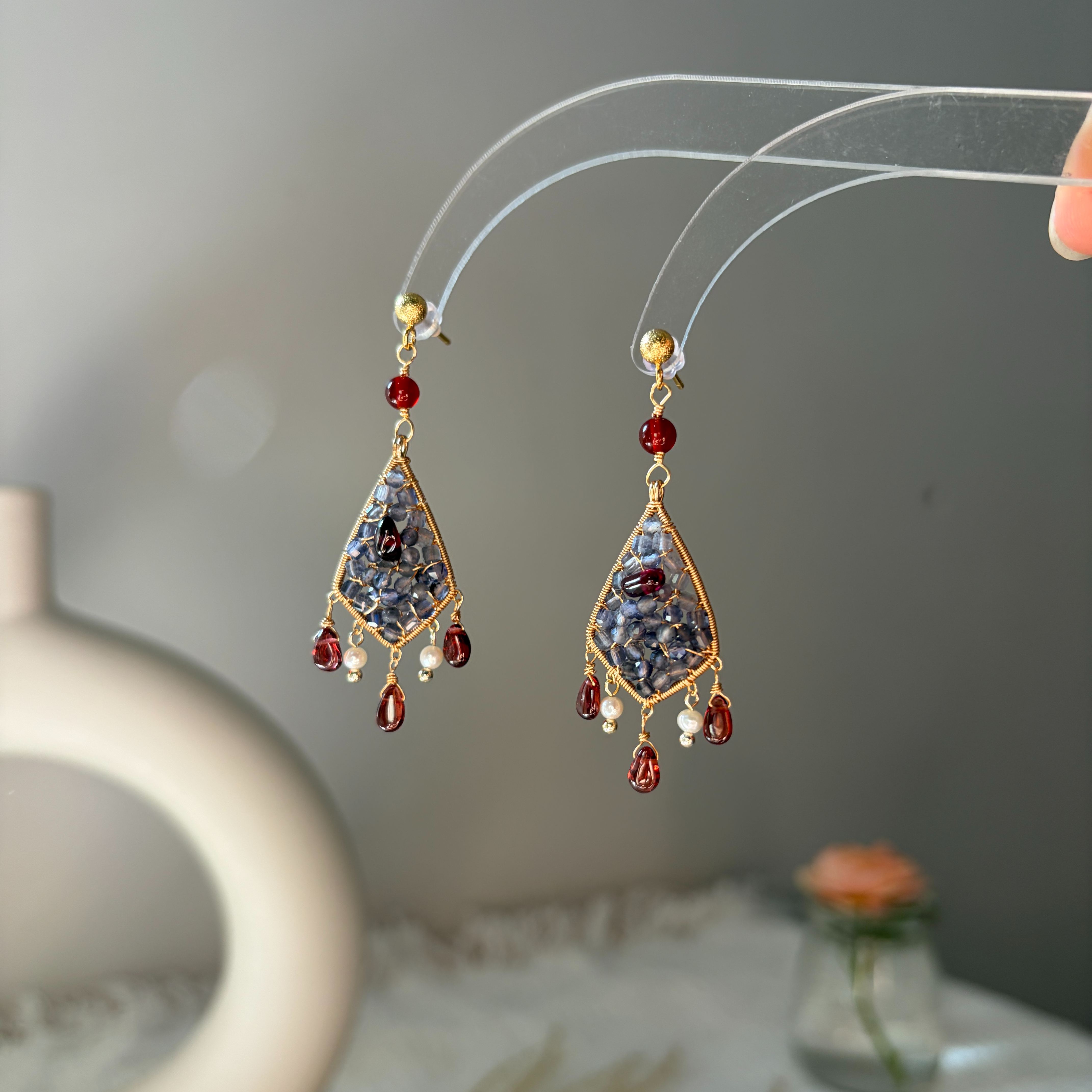 Vesper Ember Wire-Wrapped Iolite & Garnet Earrings Statement Earrings