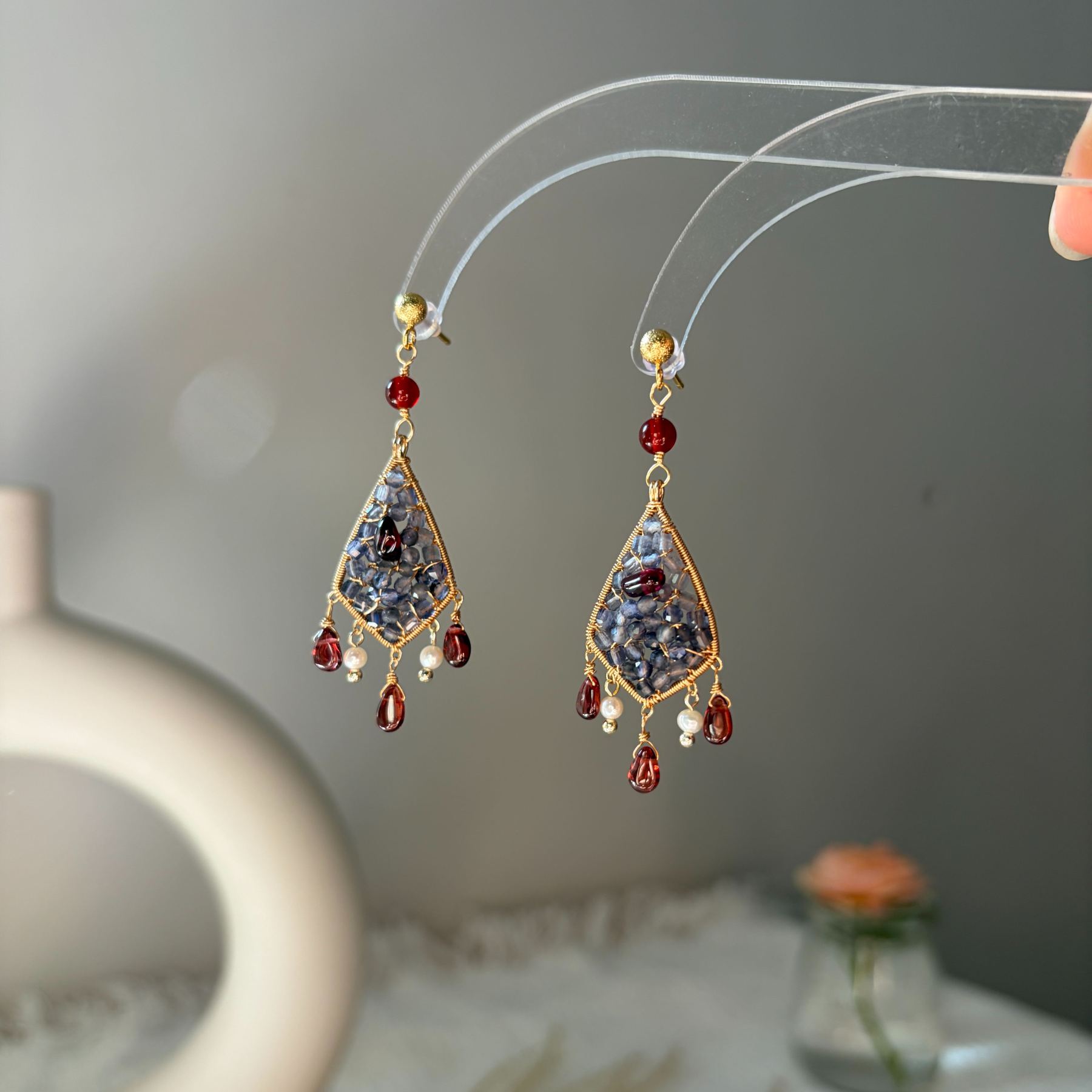 Vesper Ember Wire-Wrapped Iolite & Garnet Earrings Statement Earrings