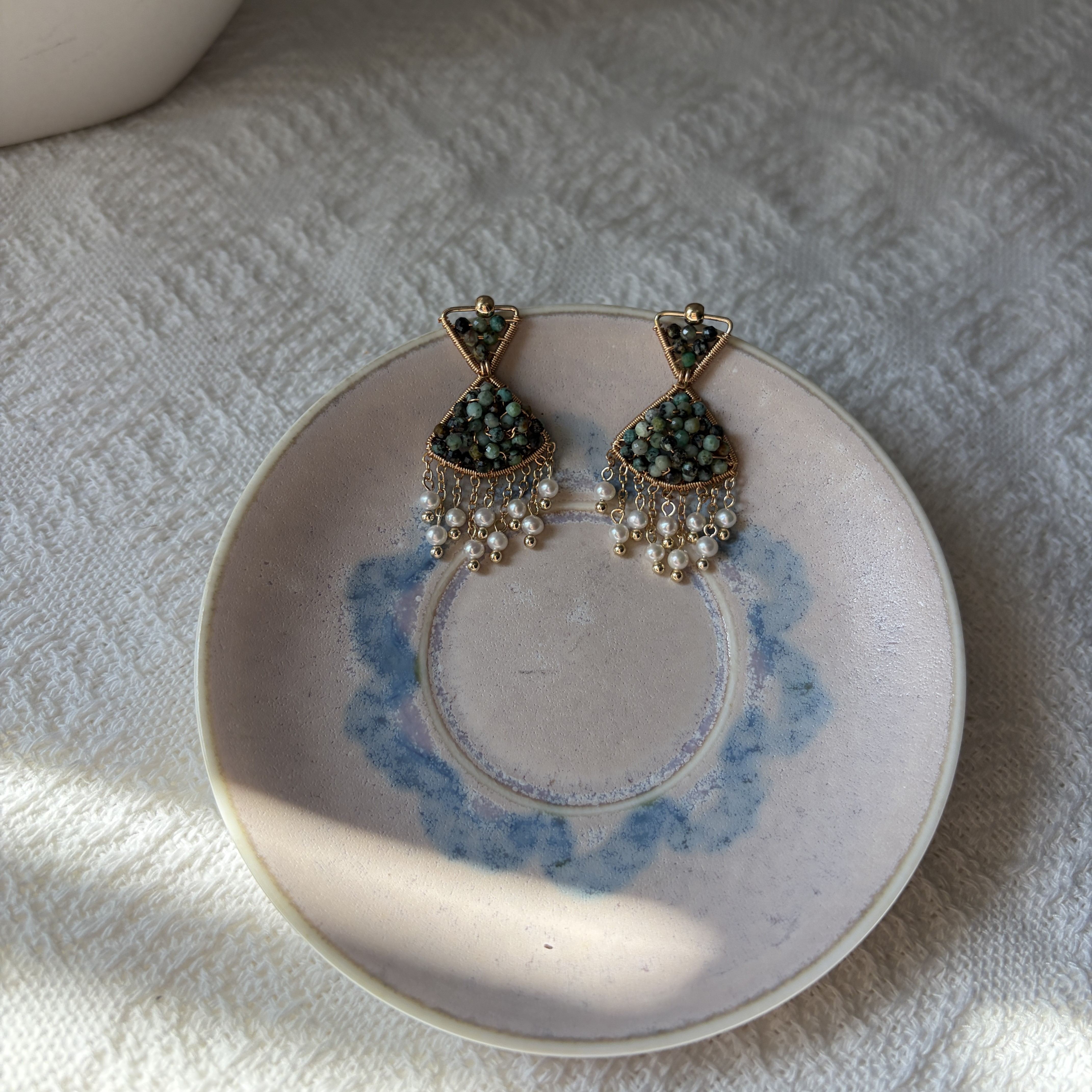 Handmade Green Breeze Pearl Tassel Earrings Handwoven Indian Agate & Freshwater Pearl Statement Earrings