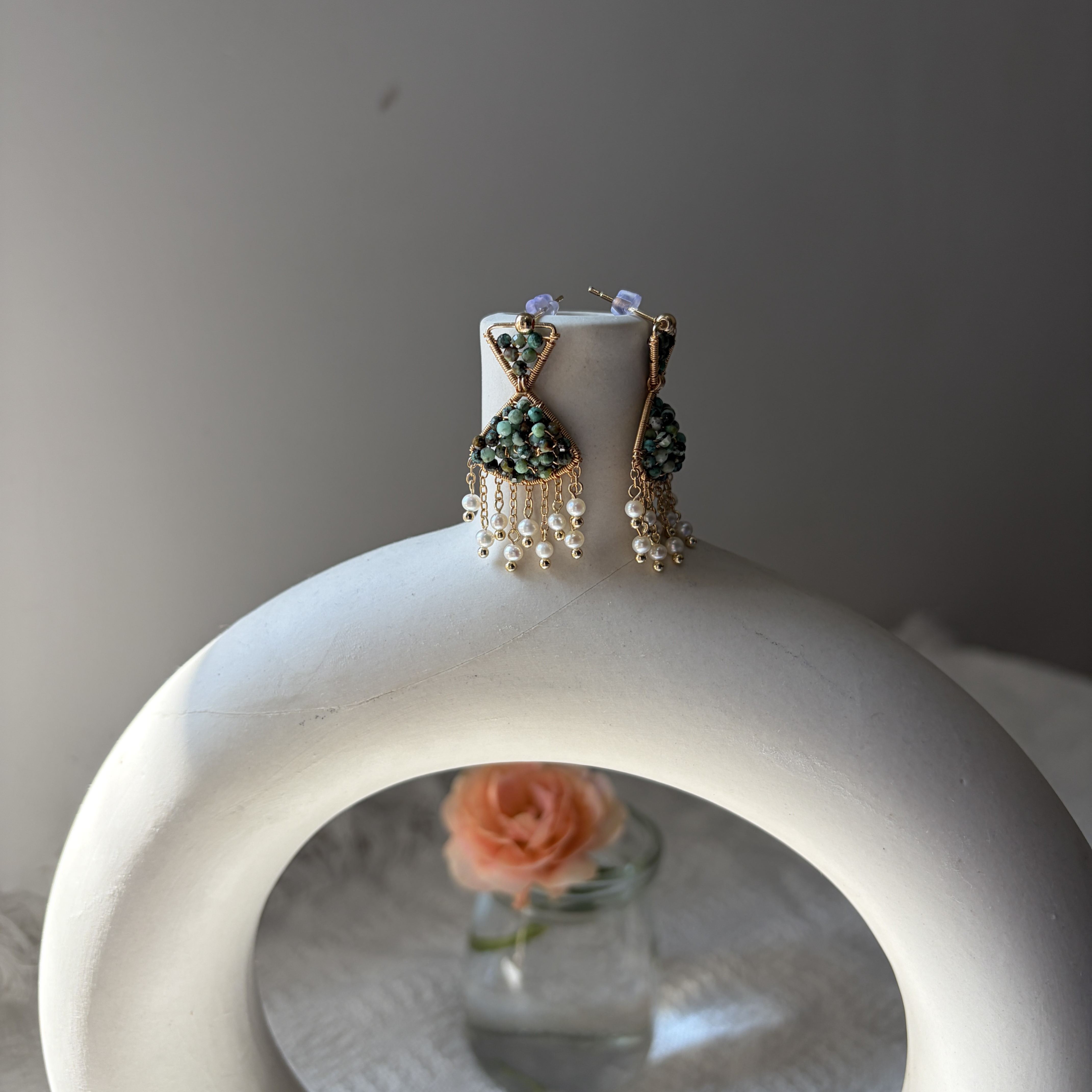 Handmade Green Breeze Pearl Tassel Earrings Handwoven Indian Agate & Freshwater Pearl Statement Earrings