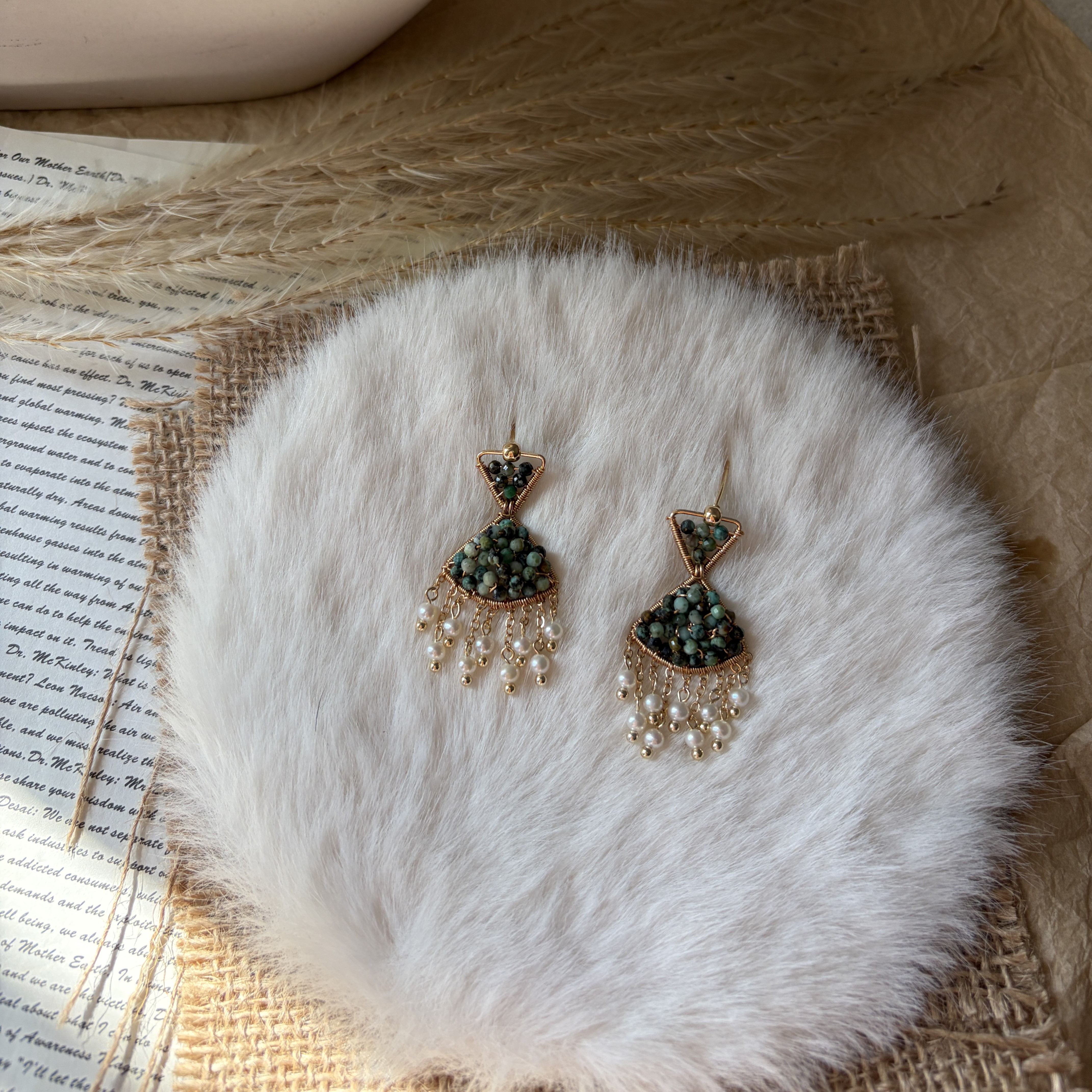 Handmade Green Breeze Pearl Tassel Earrings Handwoven Indian Agate & Freshwater Pearl Statement Earrings