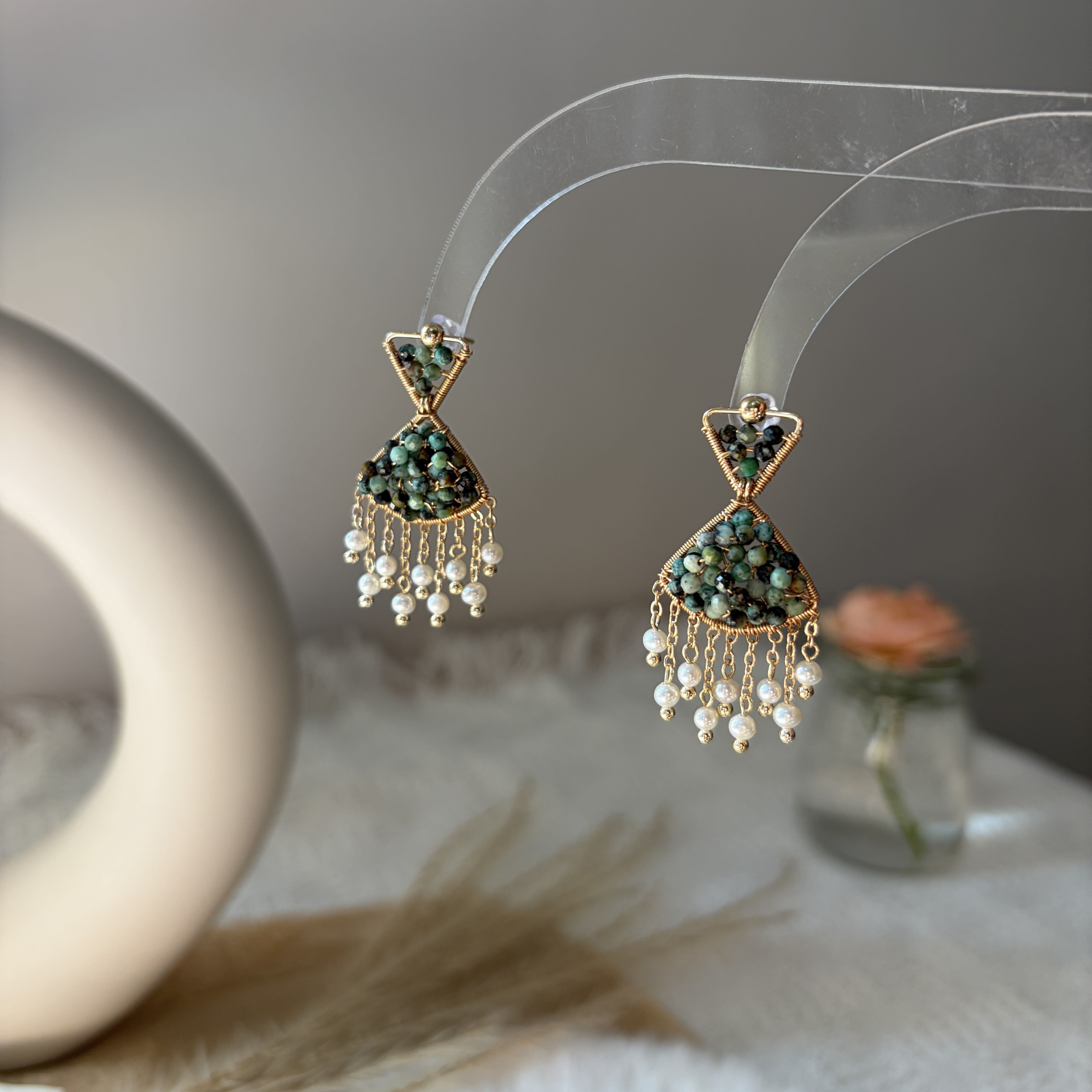 Handmade Green Breeze Pearl Tassel Earrings Handwoven Indian Agate & Freshwater Pearl Statement Earrings
