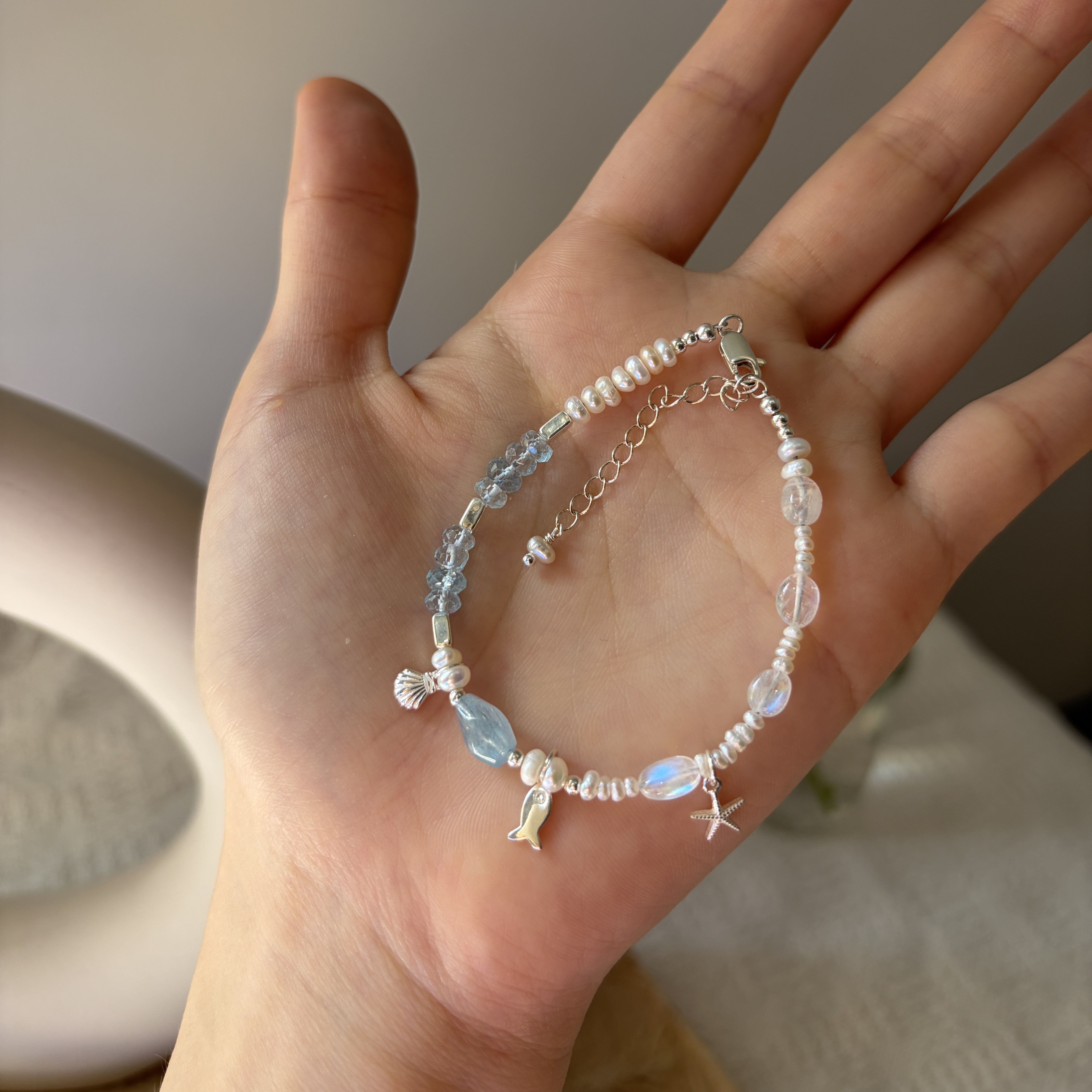 Moonlit Whisper Bracelet Aquamarine, Madagascar Moonstone & Freshwater Pearl Handmade Bracelet