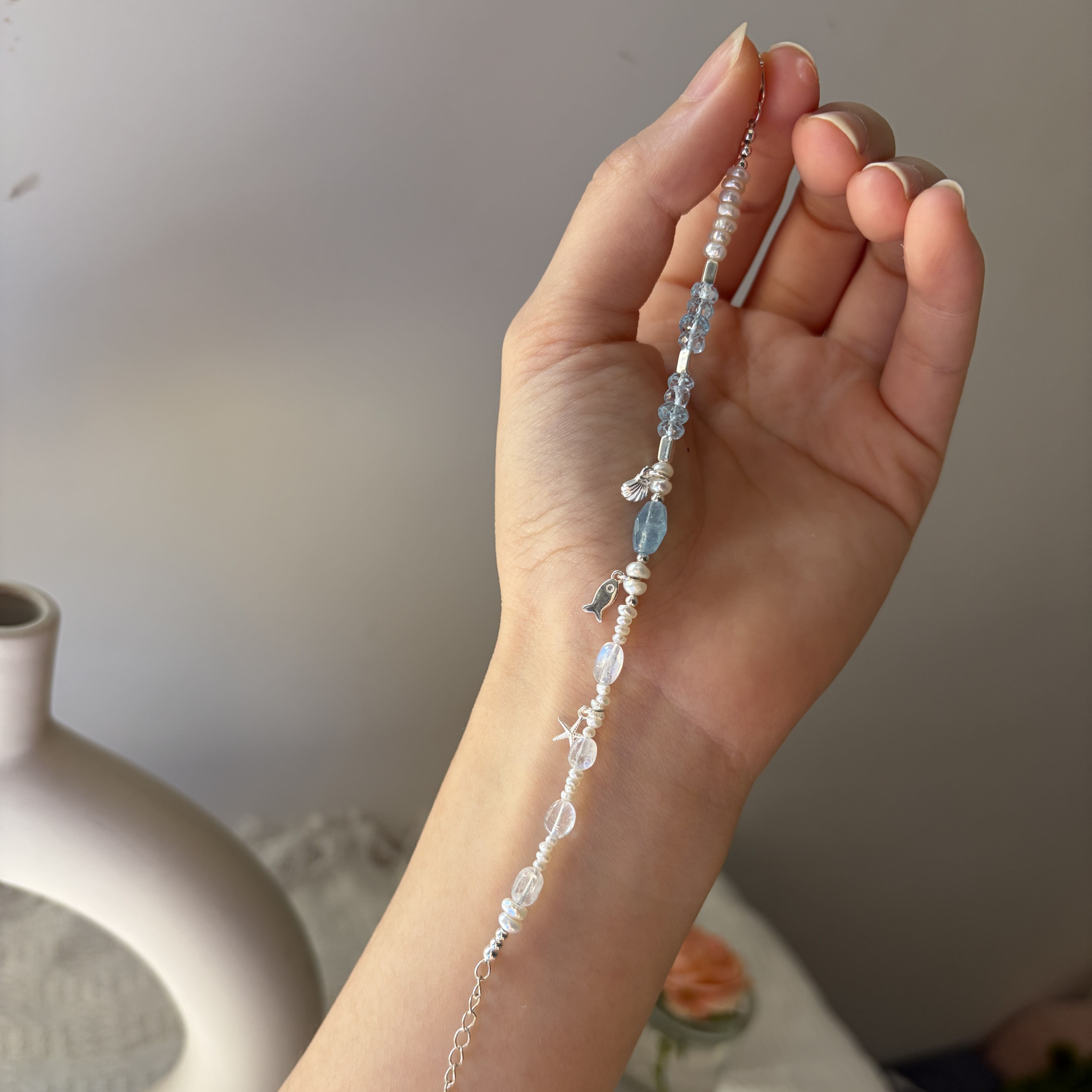 Moonlit Whisper Bracelet Aquamarine, Madagascar Moonstone & Freshwater Pearl Handmade Bracelet