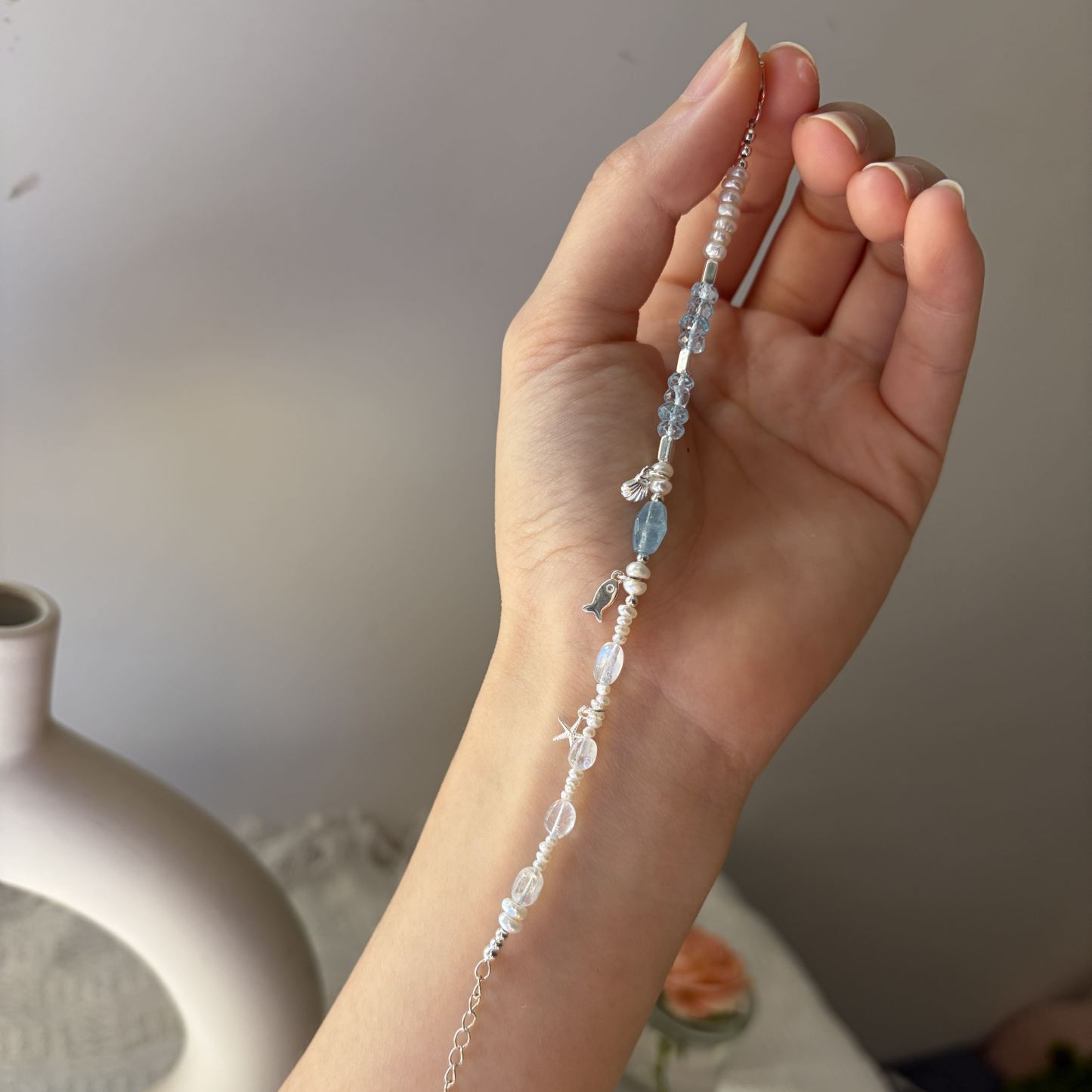 Moonlit Whisper Bracelet Aquamarine, Madagascar Moonstone & Freshwater Pearl Handmade Bracelet