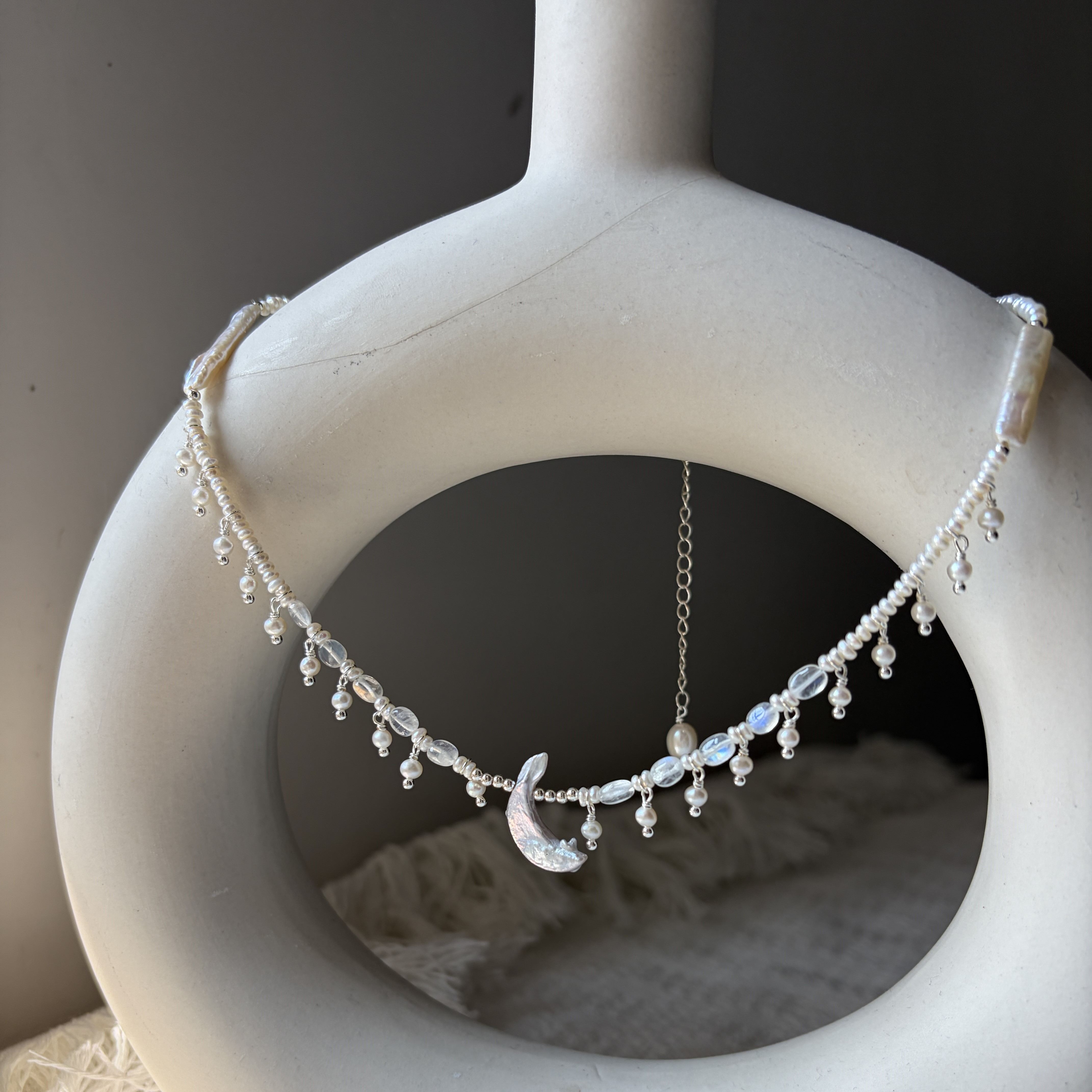 Silver Fish Chasing Moonlight Necklace | Freshwater Pearl & Moonstone Handmade Necklace